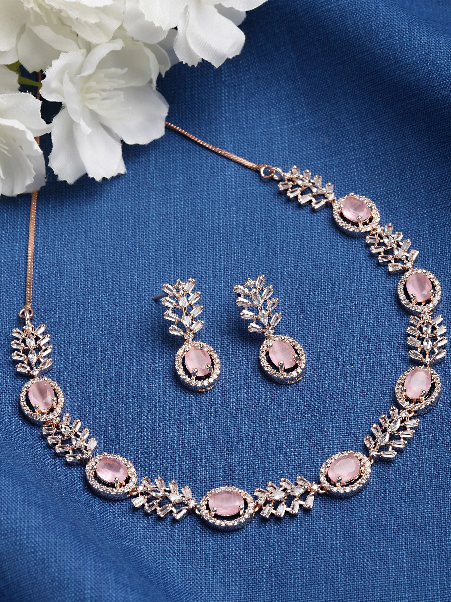 Karatcart Rose Gold Plated Floral Design Pink Cubic Zirconia Studded Necklace Set