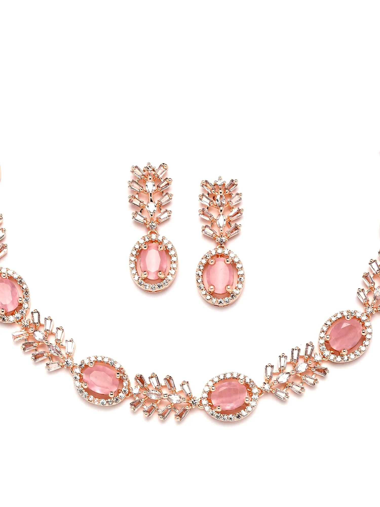 Karatcart Rose Gold Plated Floral Design Pink Cubic Zirconia Studded Necklace Set