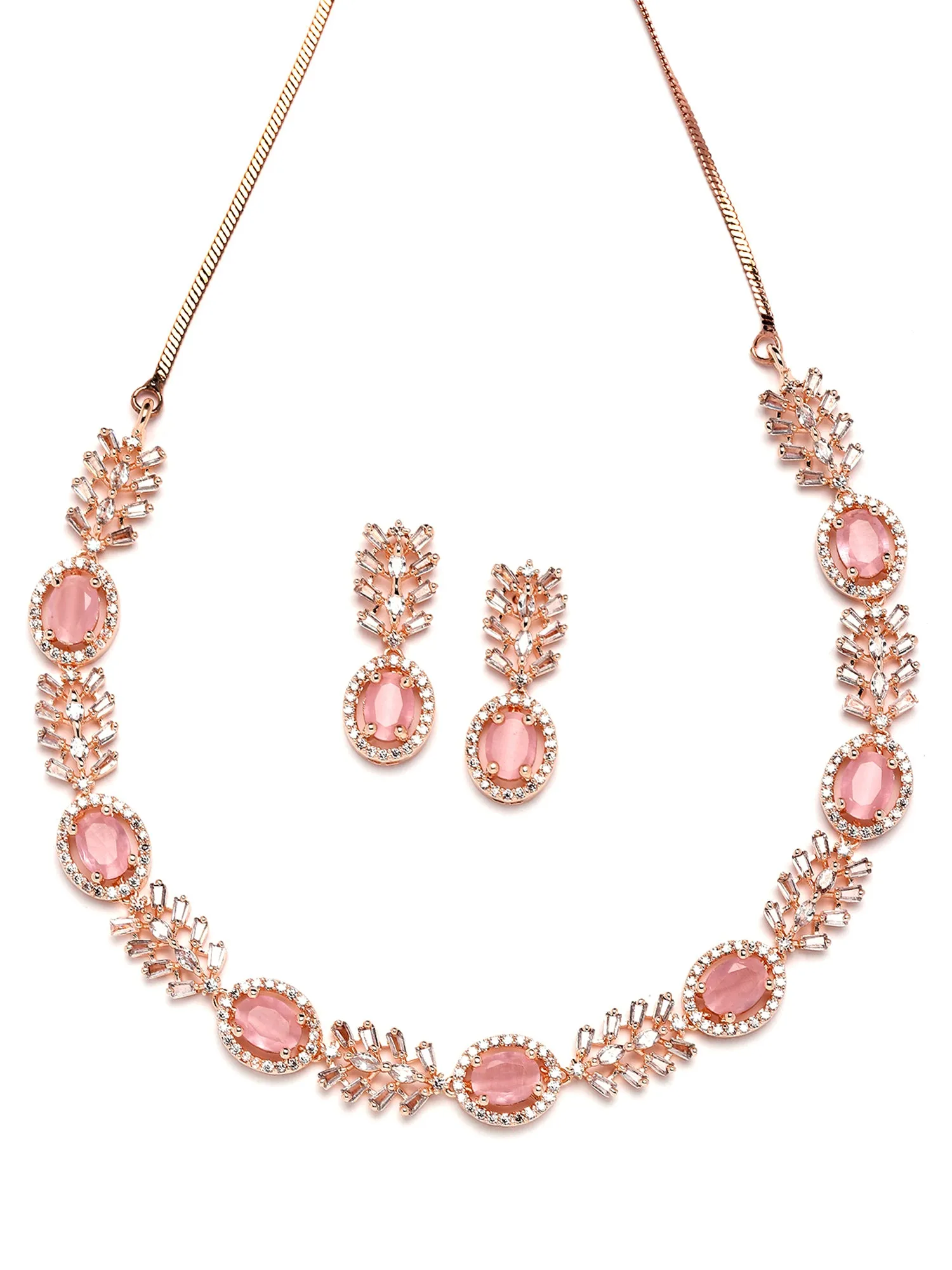 Karatcart Rose Gold Plated Floral Design Pink Cubic Zirconia Studded Necklace Set