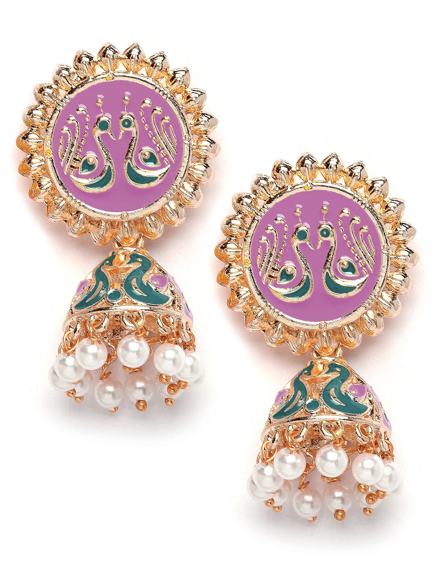 Karatcart Rose Gold Plated Peacock Design Pink and Blue Meena Jhumki Earrings for Women