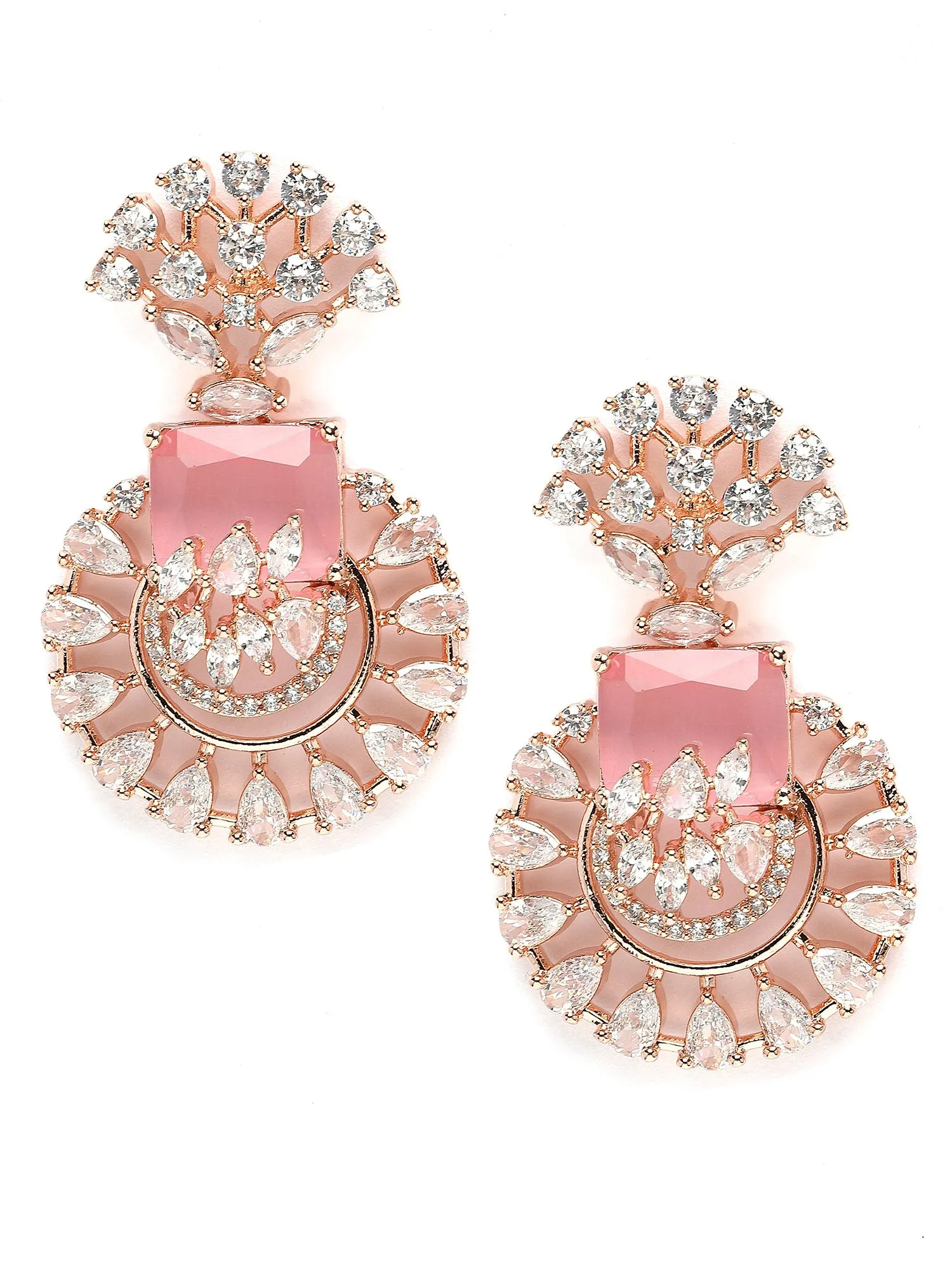 Karatcart Rose-Gold Plated Pink Cubic Zirconia Studded Drop Earrings for Women