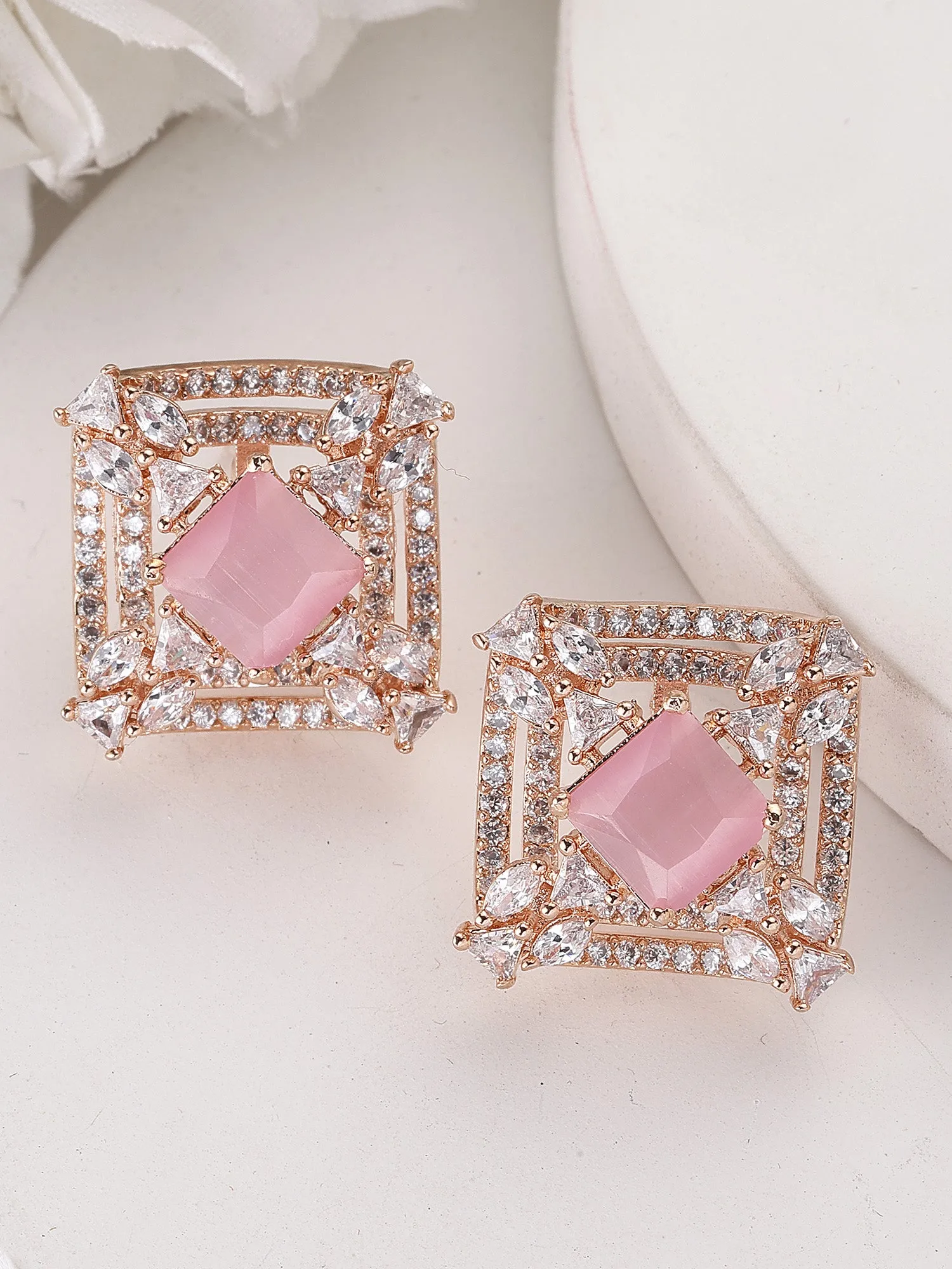 Karatcart Rose Gold Plated Pink Stones AD Stud Earrings for Women
