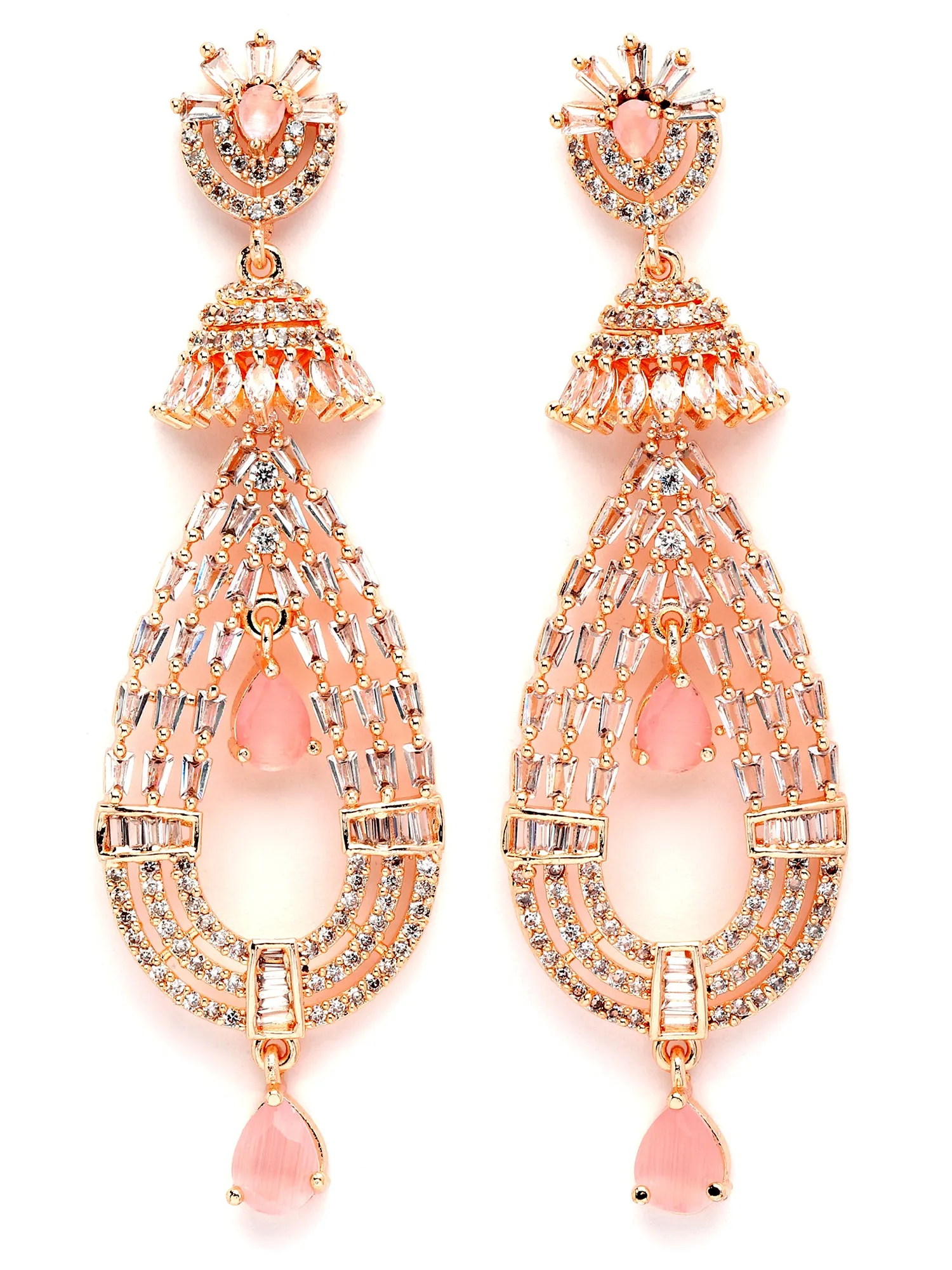 Karatcart Rose Gold Plated White Cubic Zirconia Studded Drop Shape Dangler Earrings for Women