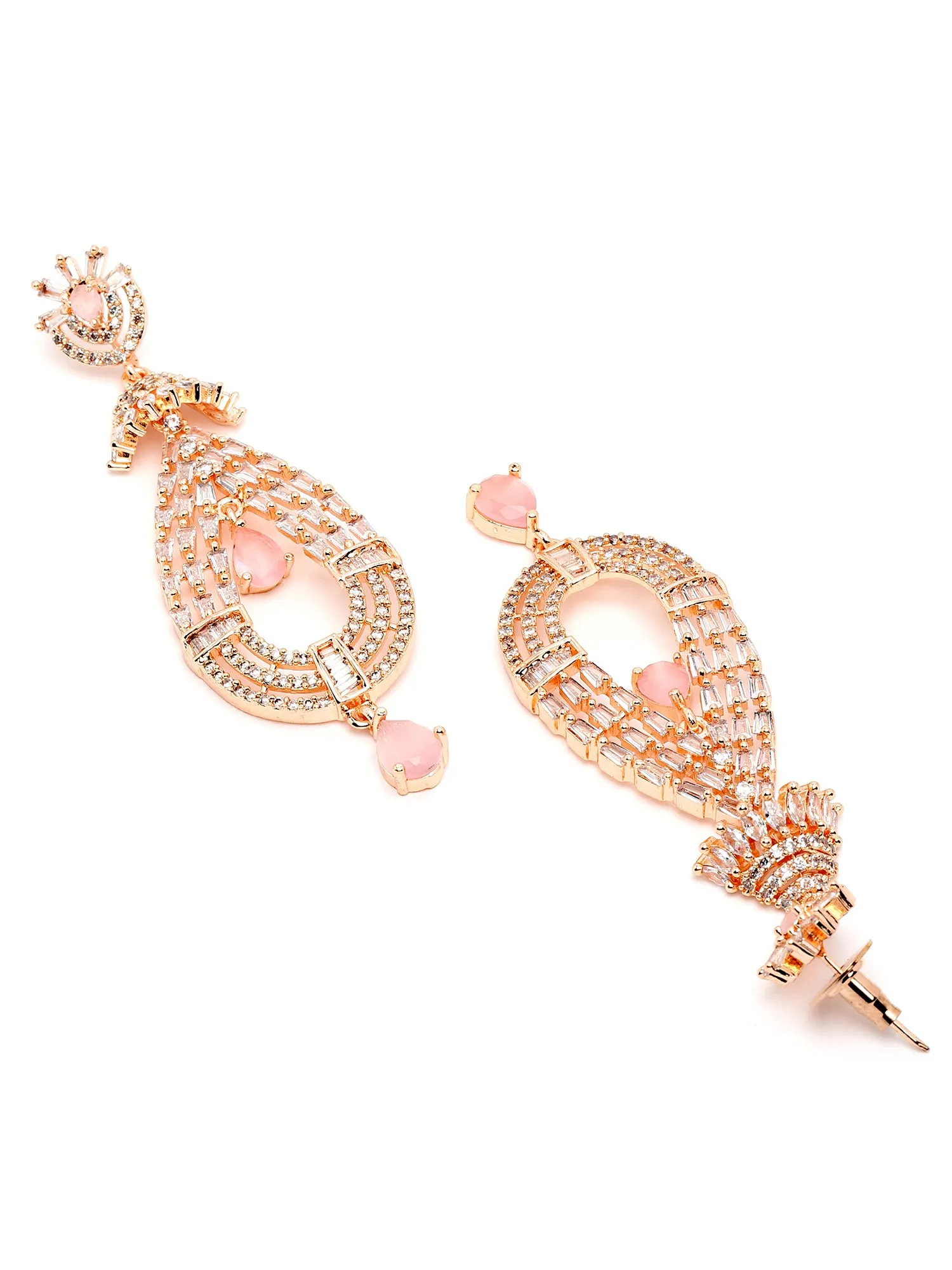 Karatcart Rose Gold Plated White Cubic Zirconia Studded Drop Shape Dangler Earrings for Women