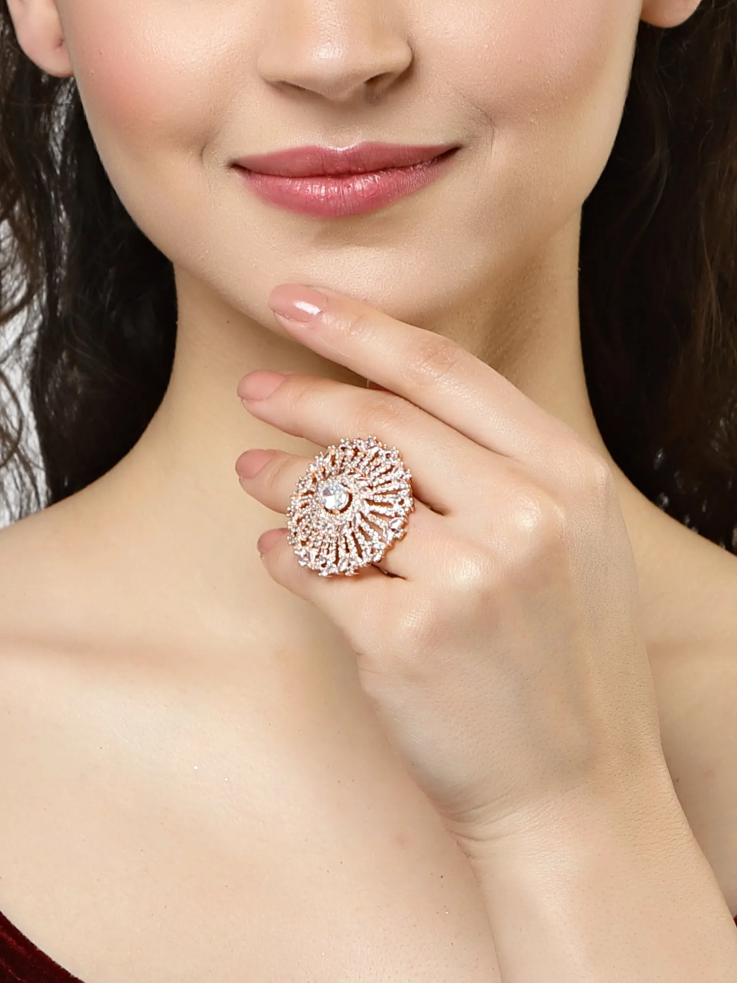 Karatcart Rose Gold Plated White CZ Studded Cocktail Ring for Women