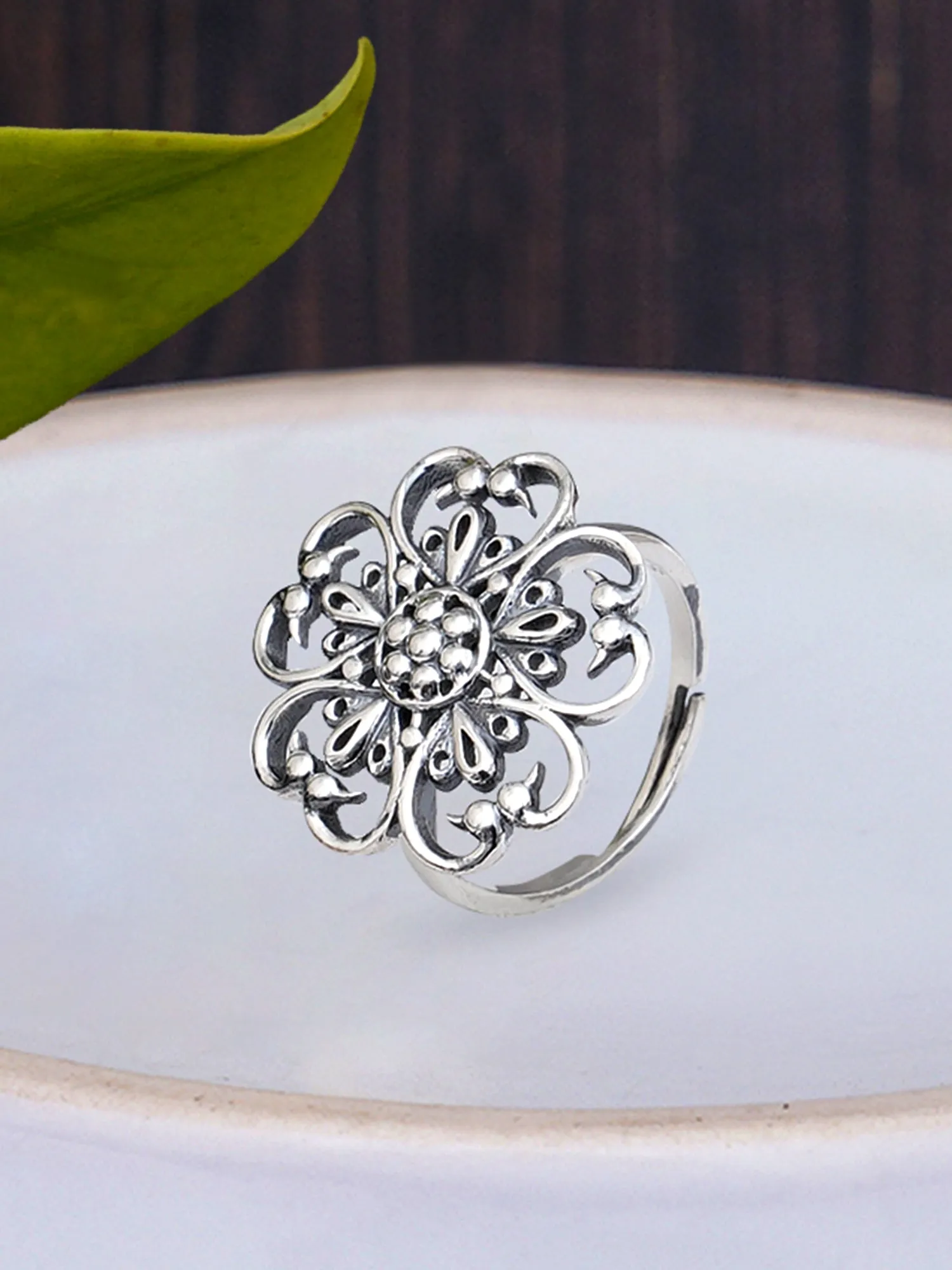 KUNUZ 925 Sterling Silver Oxidised Antique Adjustable Ring for Women