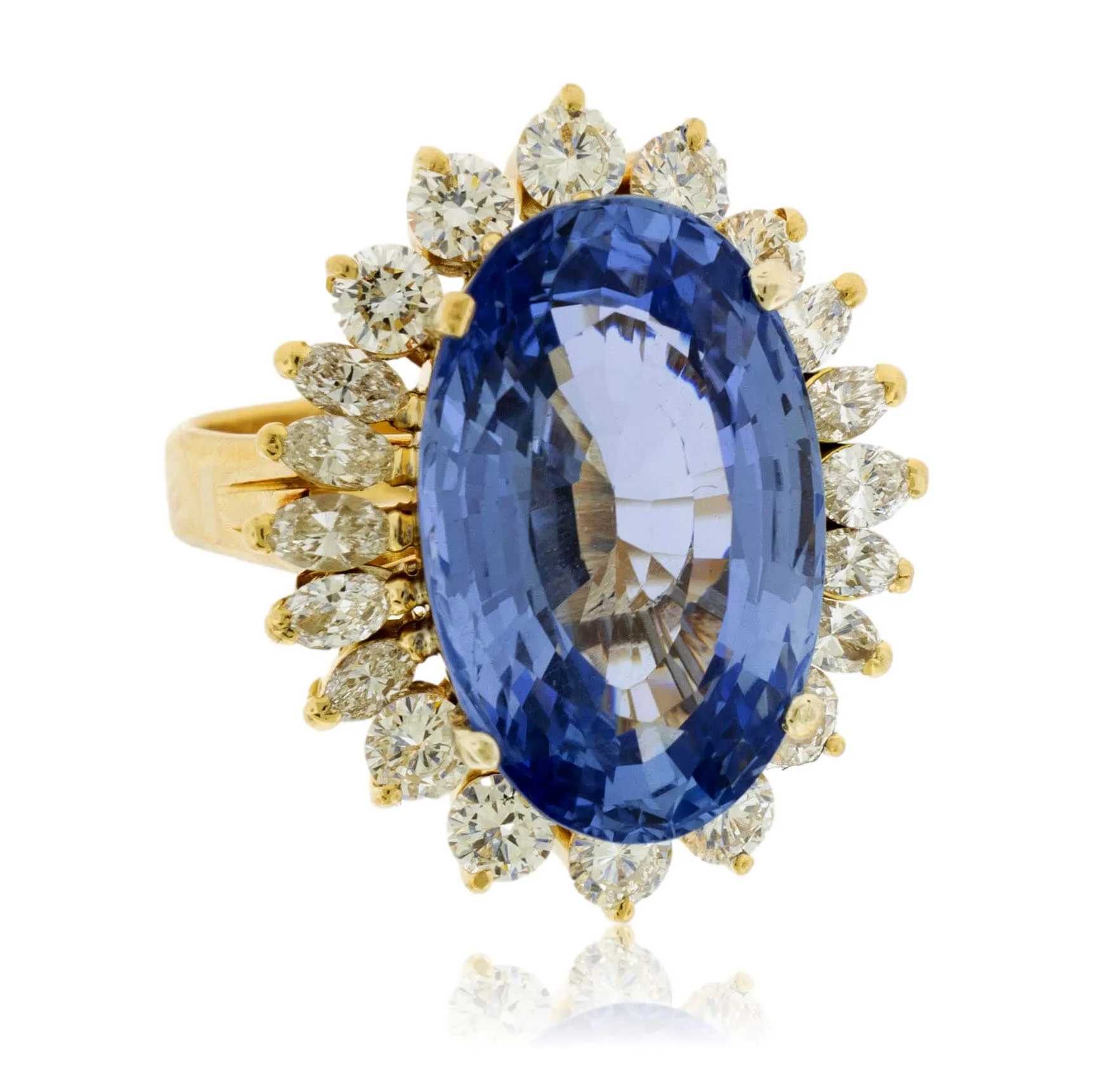 Large Oval Blue Sapphire with Round and Marquise Diamond Halo Style Ring
