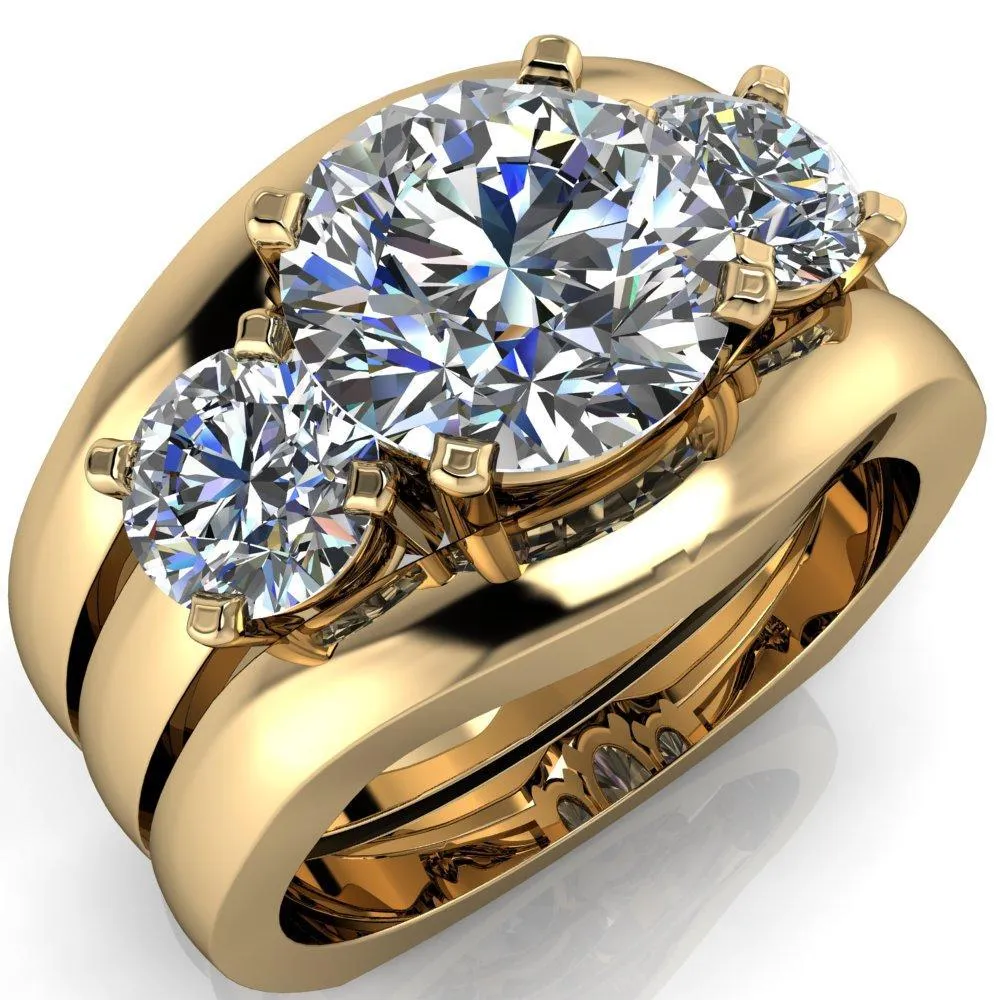Leanna Round Center Stone Timeless Under Bezel Euro Shank 3 Stone Ring