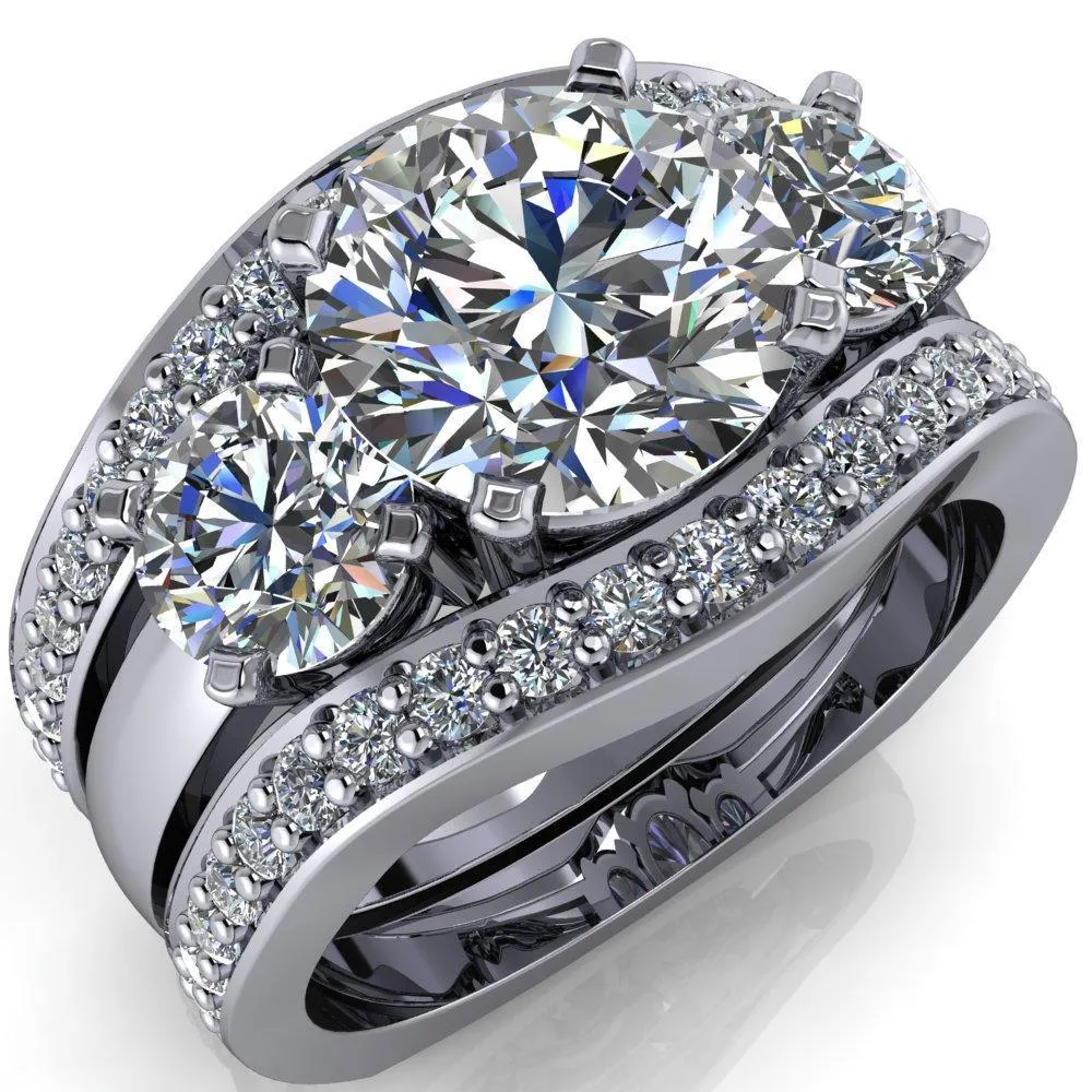 Leanna Round Center Stone Timeless Under Bezel Euro Shank 3 Stone Ring