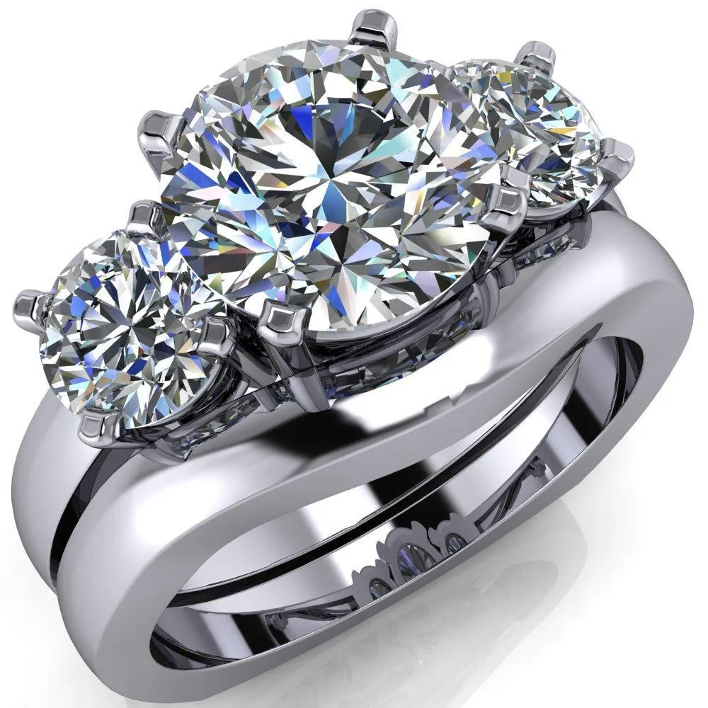 Leanna Round Center Stone Timeless Under Bezel Euro Shank 3 Stone Ring