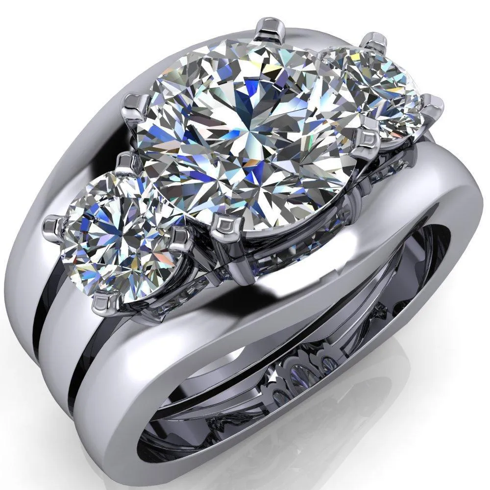 Leanna Round Center Stone Timeless Under Bezel Euro Shank 3 Stone Ring