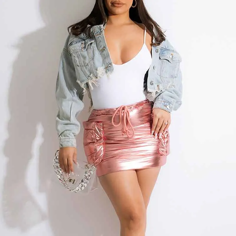 Letter Figure Print Long Sleeve Cut Out Denim Coat
