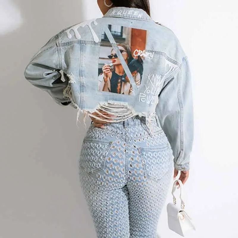 Letter Figure Print Long Sleeve Cut Out Denim Coat