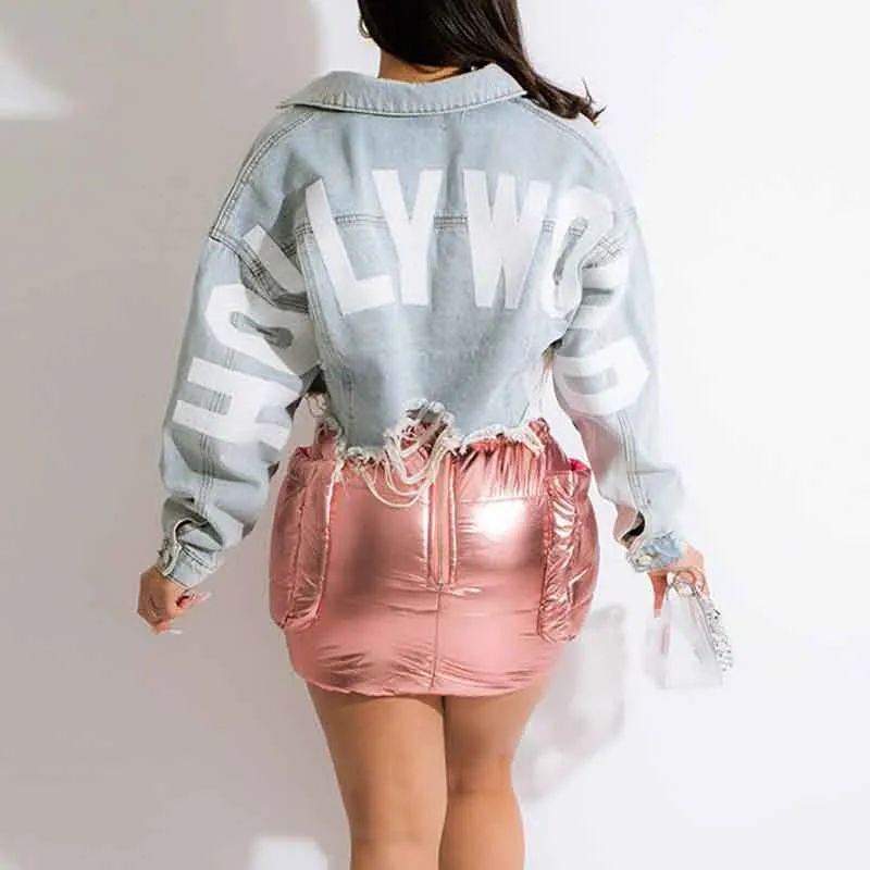 Letter Figure Print Long Sleeve Cut Out Denim Coat