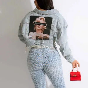 Letter Figure Print Long Sleeve Cut Out Denim Coat
