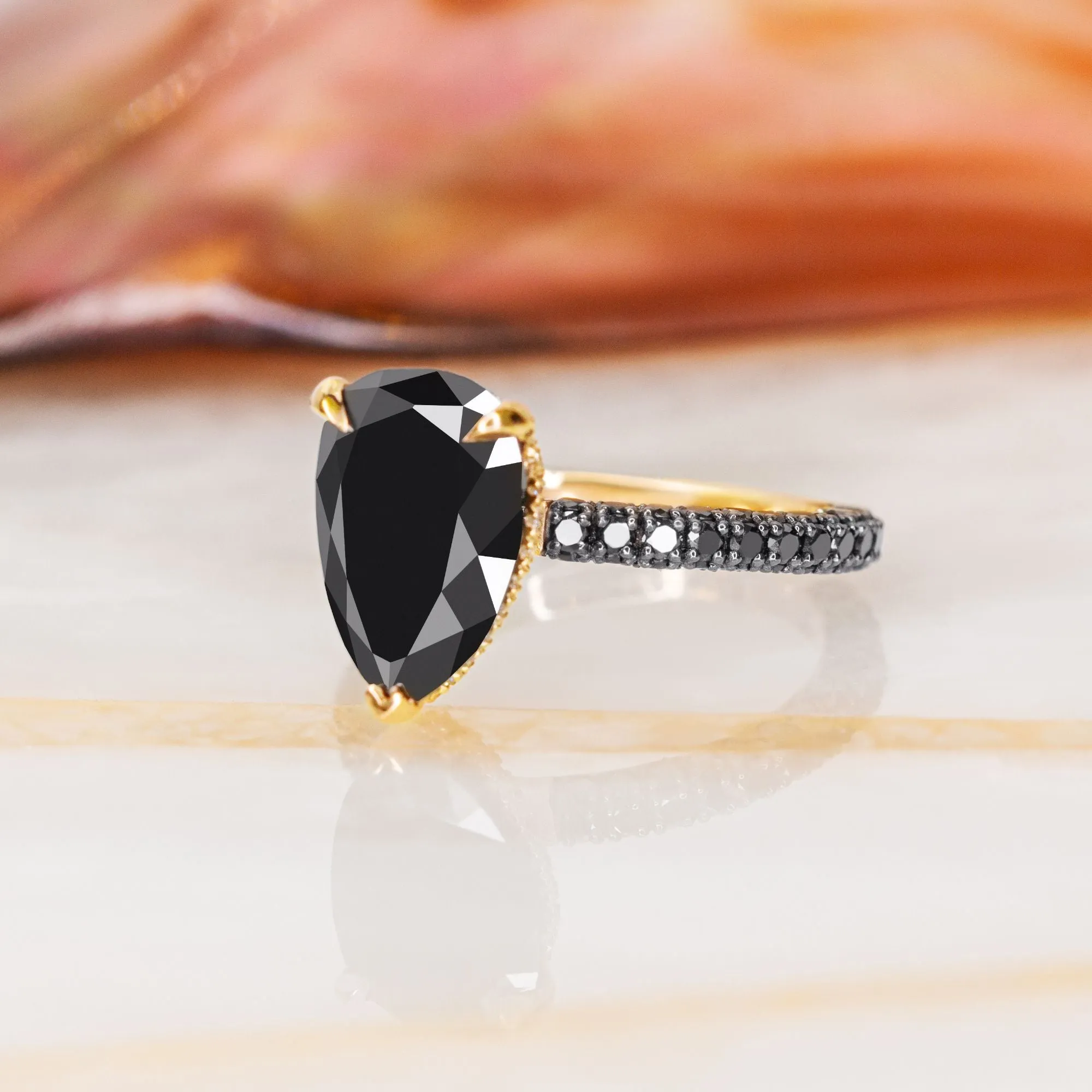 Luar- Three Sided Band Black & White Natural Diamond Pear Cut Engagement Ring