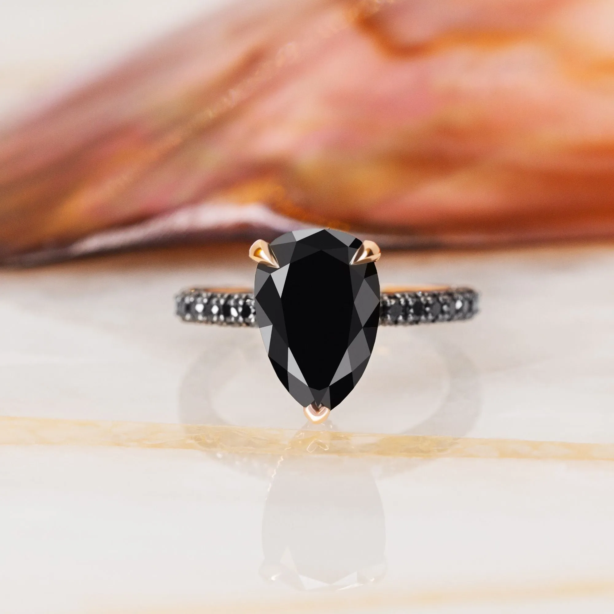 Luar- Three Sided Band Black & White Natural Diamond Pear Cut Engagement Ring