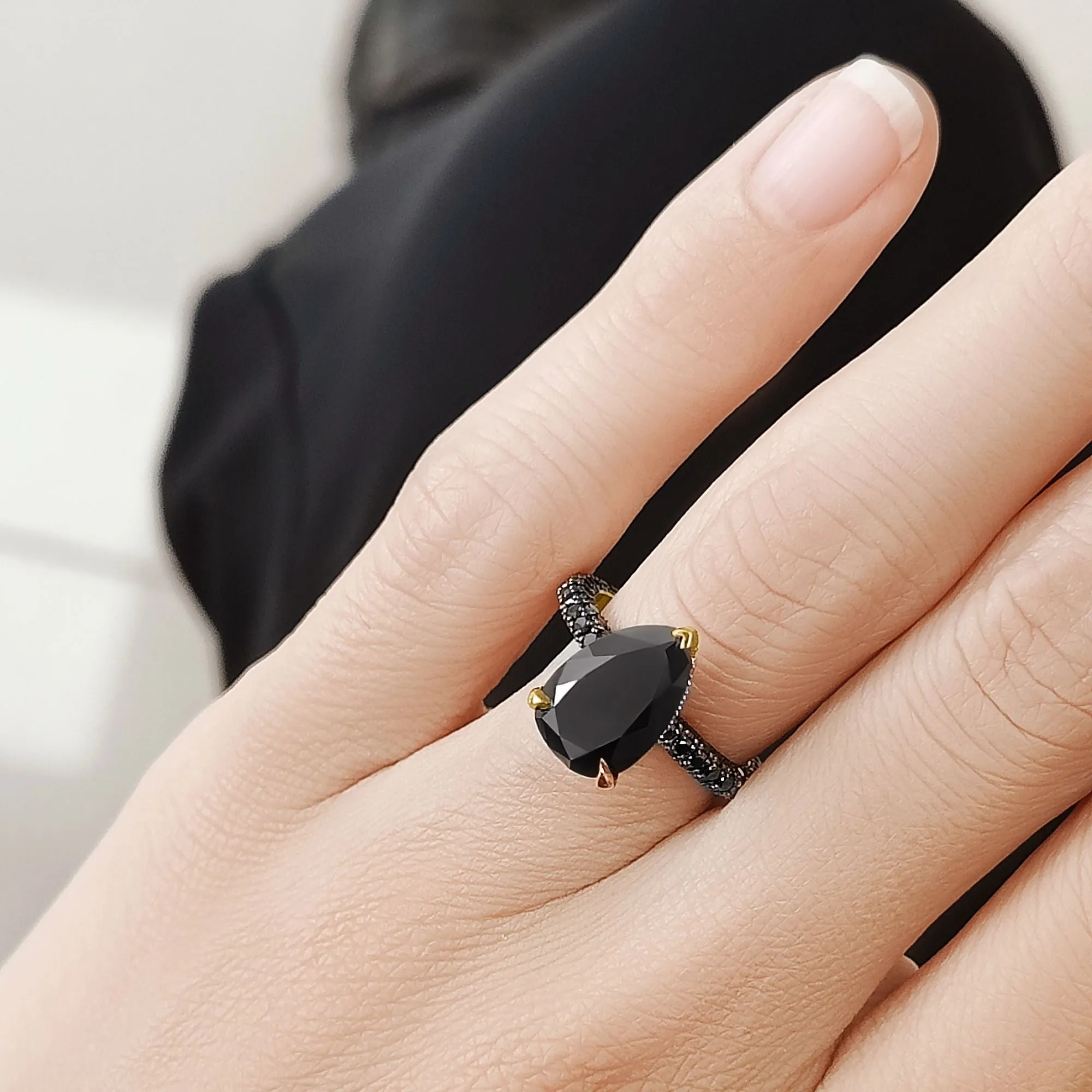 Luar- Three Sided Band Black & White Natural Diamond Pear Cut Engagement Ring