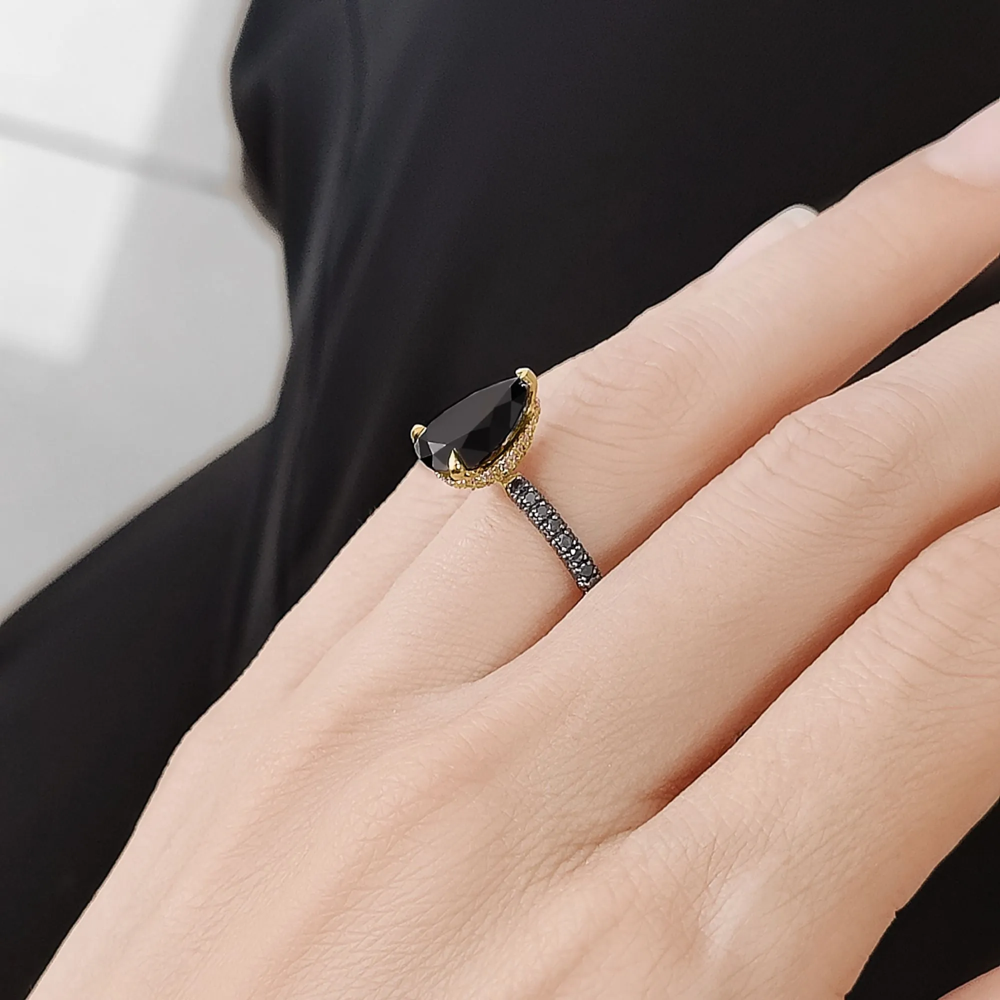 Luar- Three Sided Band Black & White Natural Diamond Pear Cut Engagement Ring
