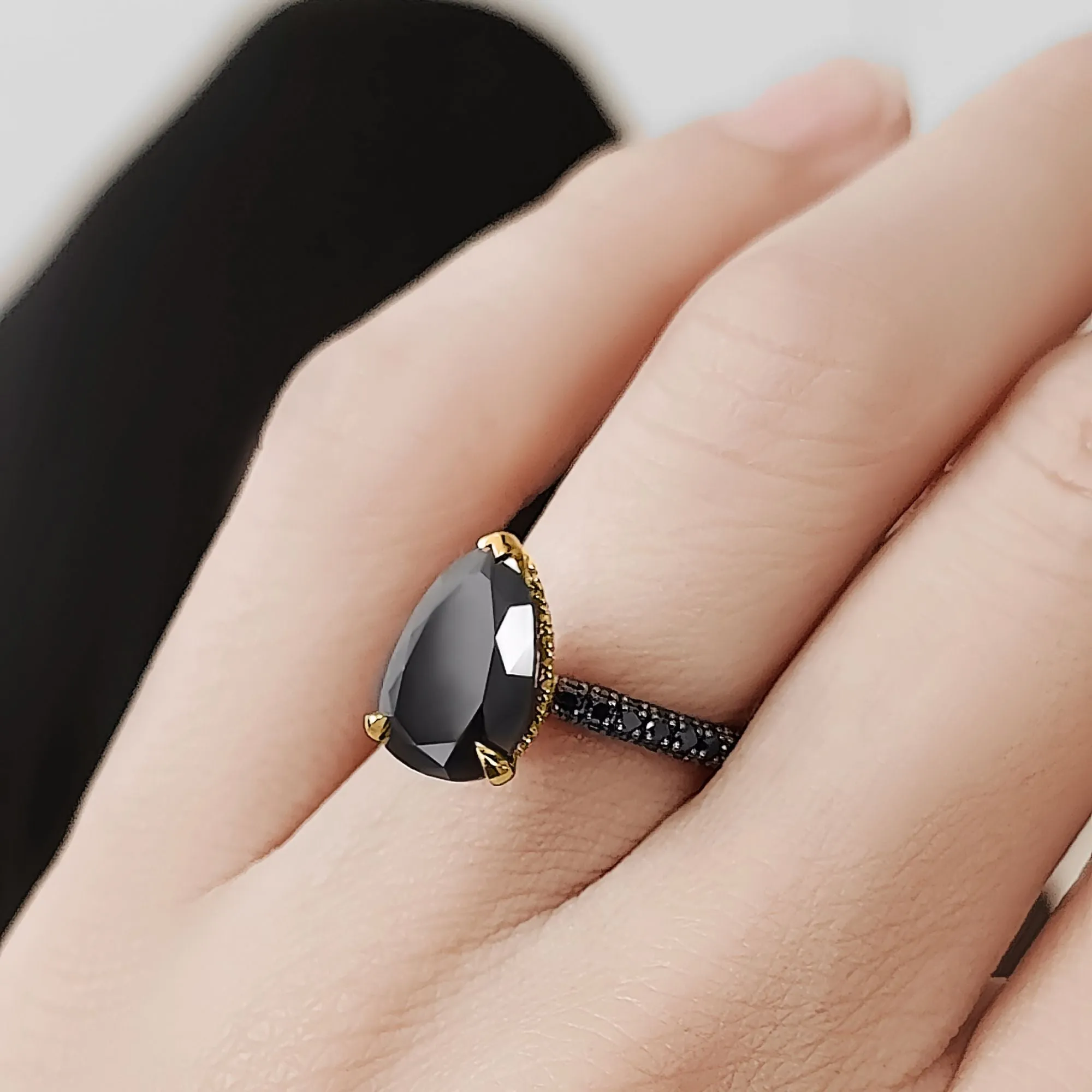 Luar- Three Sided Band Black & White Natural Diamond Pear Cut Engagement Ring