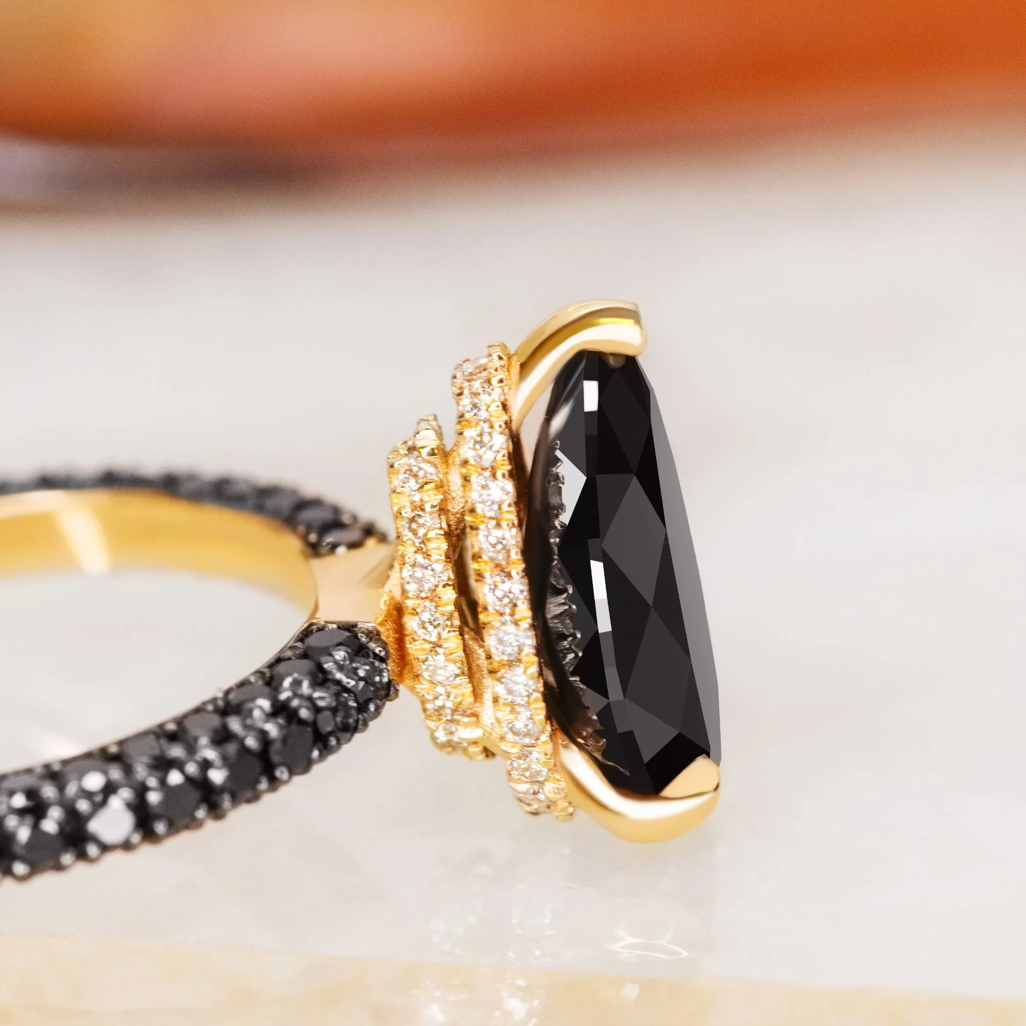 Luar- Three Sided Band Black & White Natural Diamond Pear Cut Engagement Ring