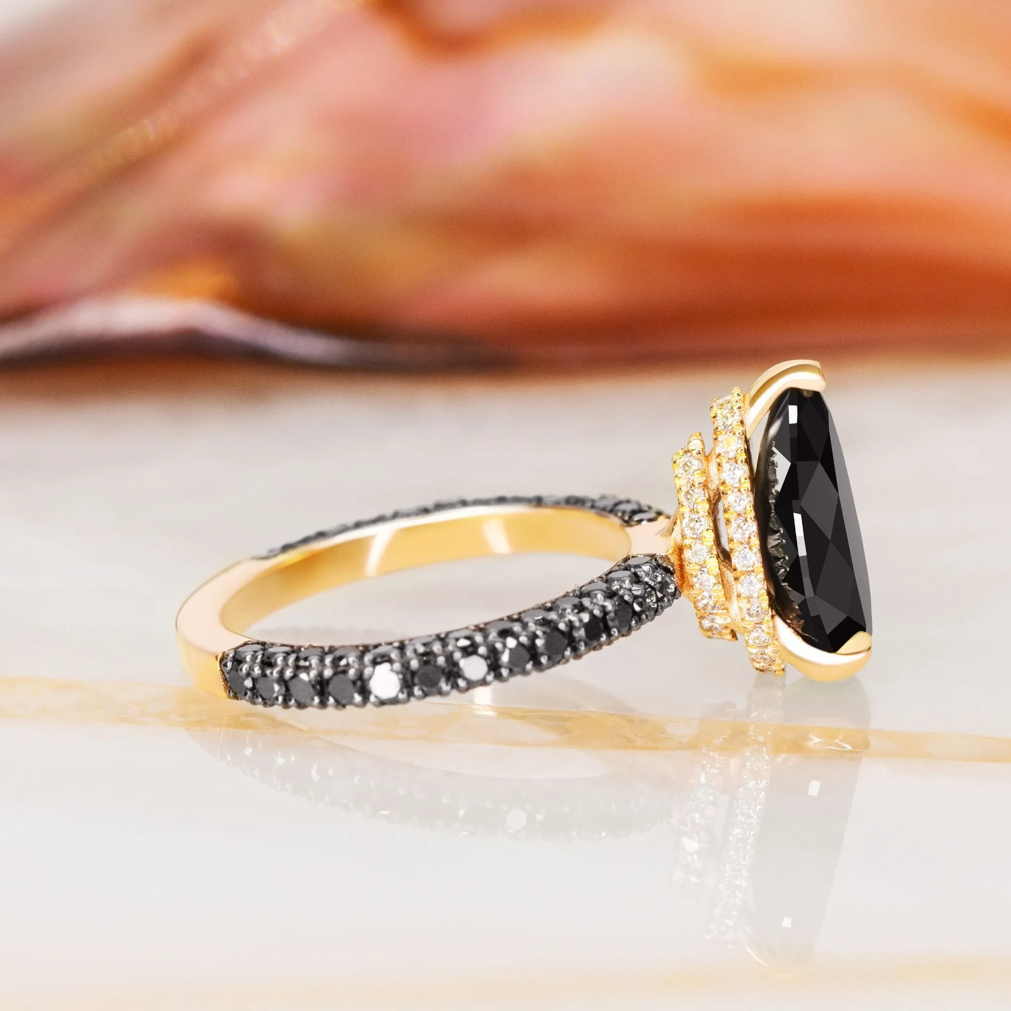 Luar- Three Sided Band Black & White Natural Diamond Pear Cut Engagement Ring
