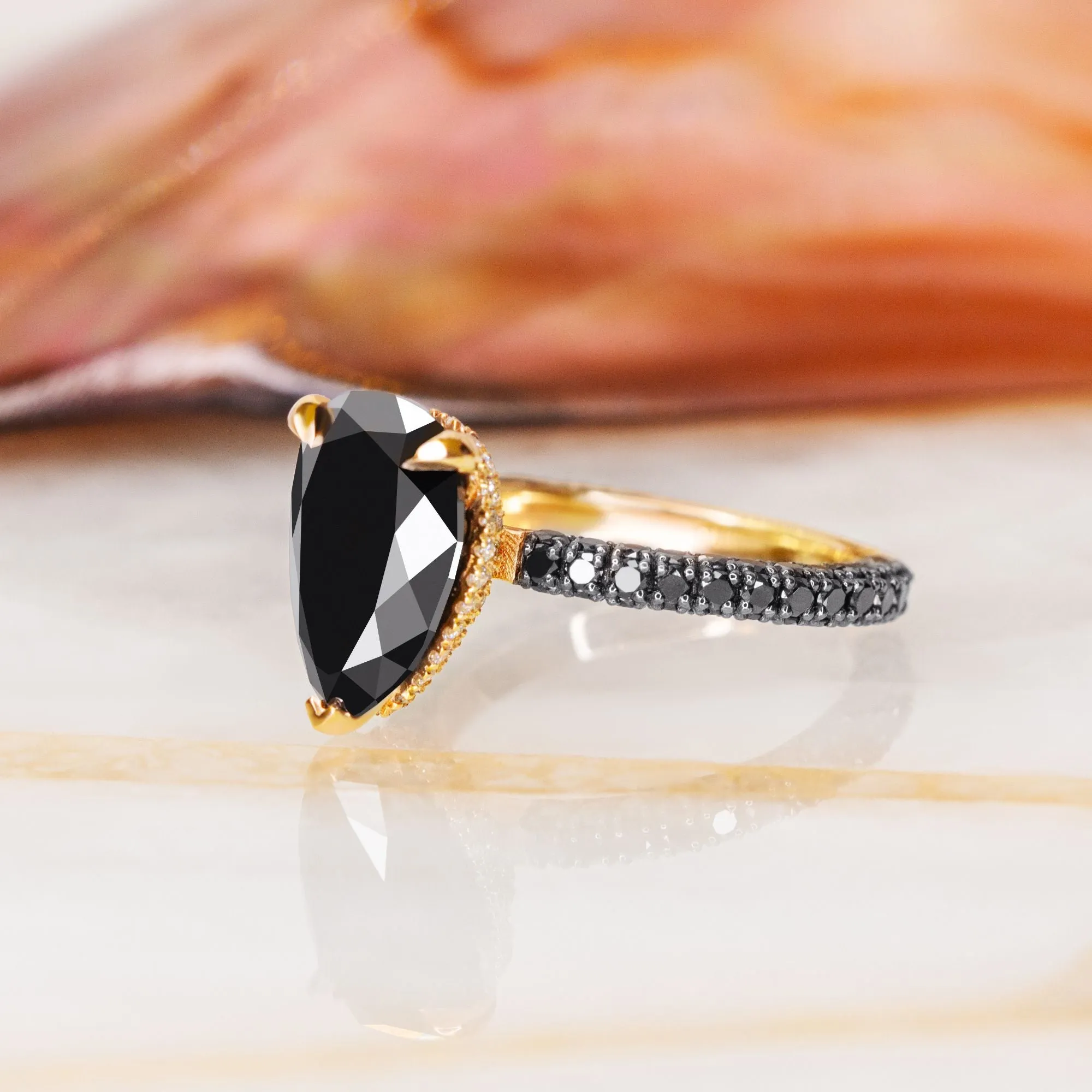 Luar- Three Sided Band Black & White Natural Diamond Pear Cut Engagement Ring