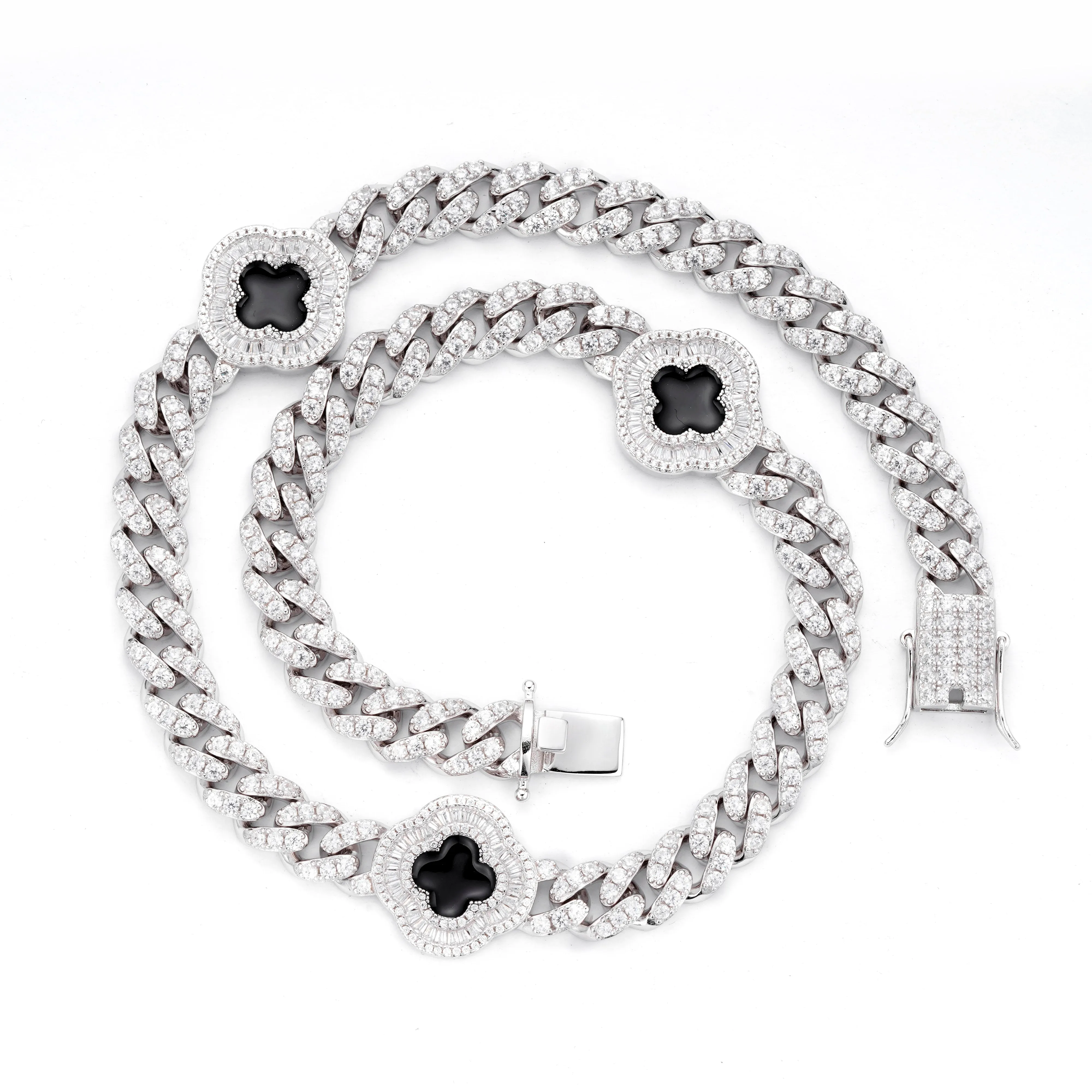 Luxurious Sterling Cuban 10mm Cubic Zirconia Chain with Black Flower Enamel -  C5005049