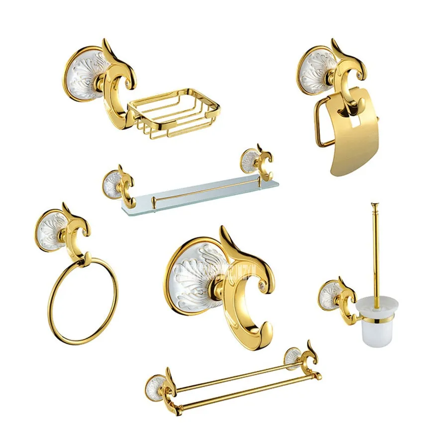 Luxury Antique Gold Bathroom Hardware Hanger Set Towel Bar Hook Soap Paper Holder Brush Bathroom 7 Pieces Combination of Package