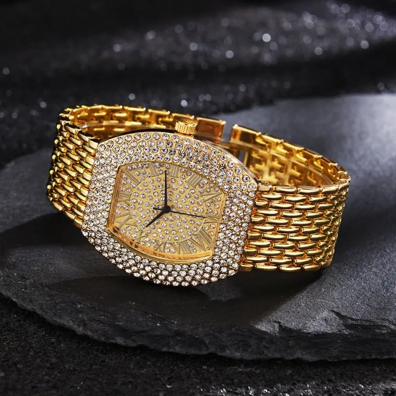 Luxury Big Dial Gold Rhinestone Watche For Women Quartz Wristwatch Clock