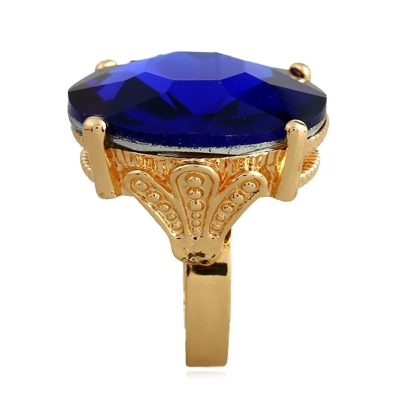 Luxury Blue Sapphire Ring 10K Yellow Gold for Women Jewelry