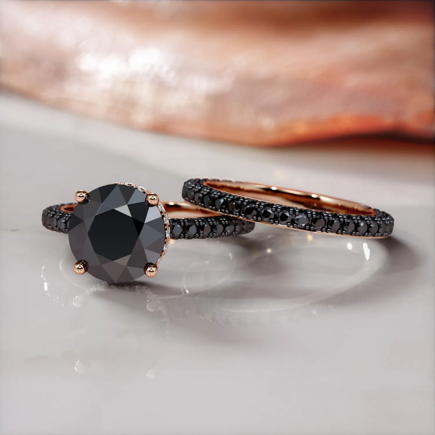 Magia Negra - Black Diamond  Natural Black Diamond Round Engagement Ring in Rose Gold