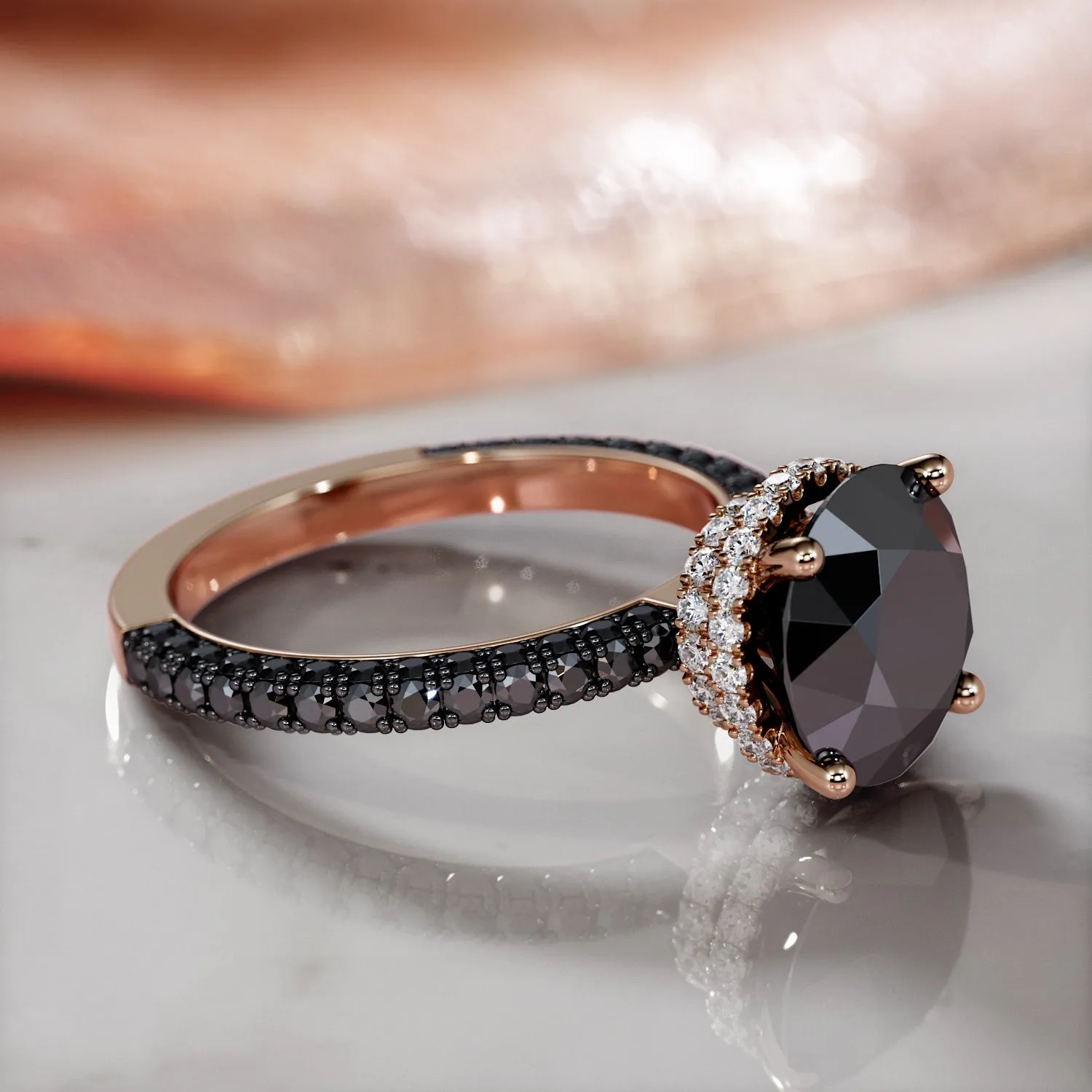 Magia Negra - Black Diamond  Natural Black Diamond Round Engagement Ring in Rose Gold