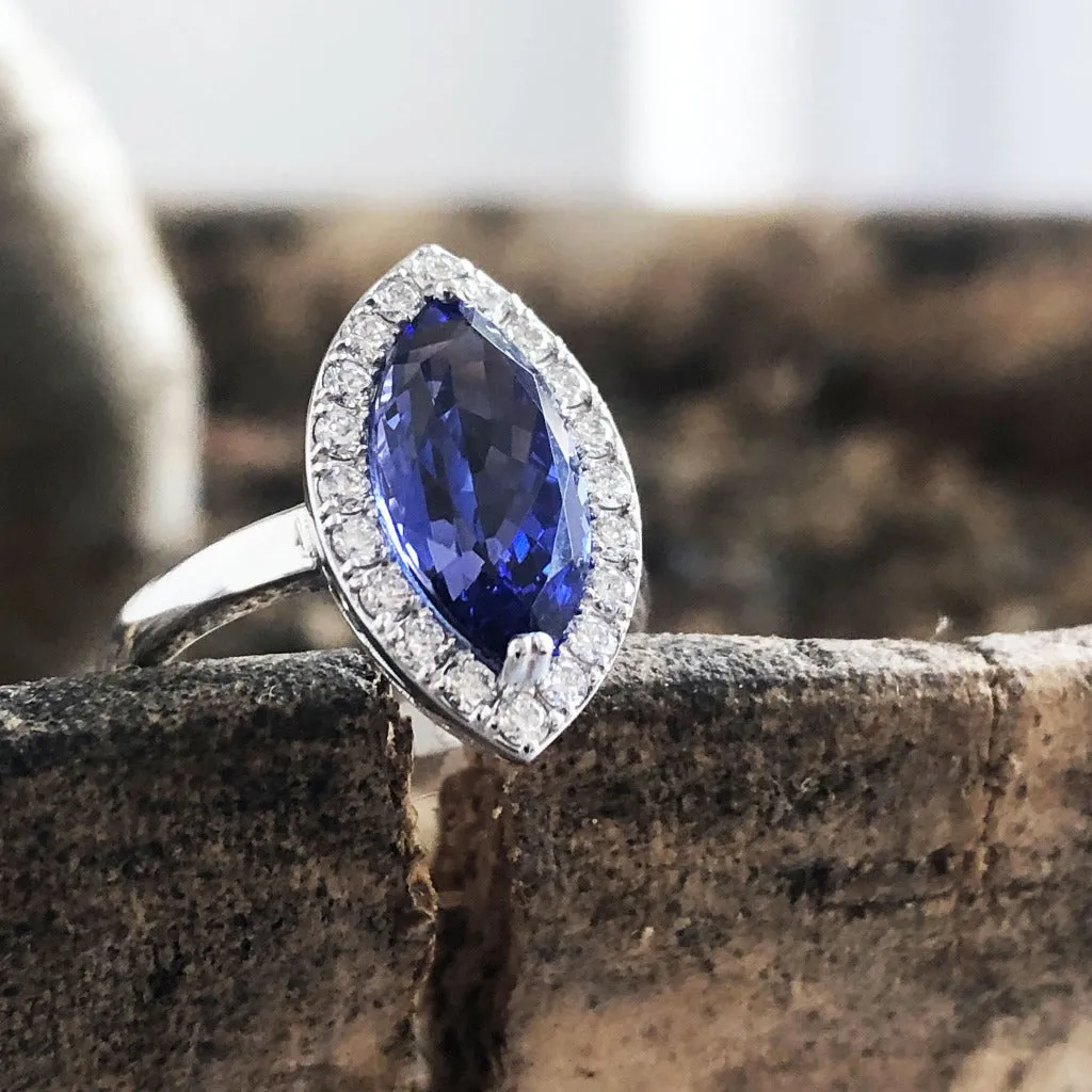 Marquise Cut Tanzanite and Diamond Halo Ring