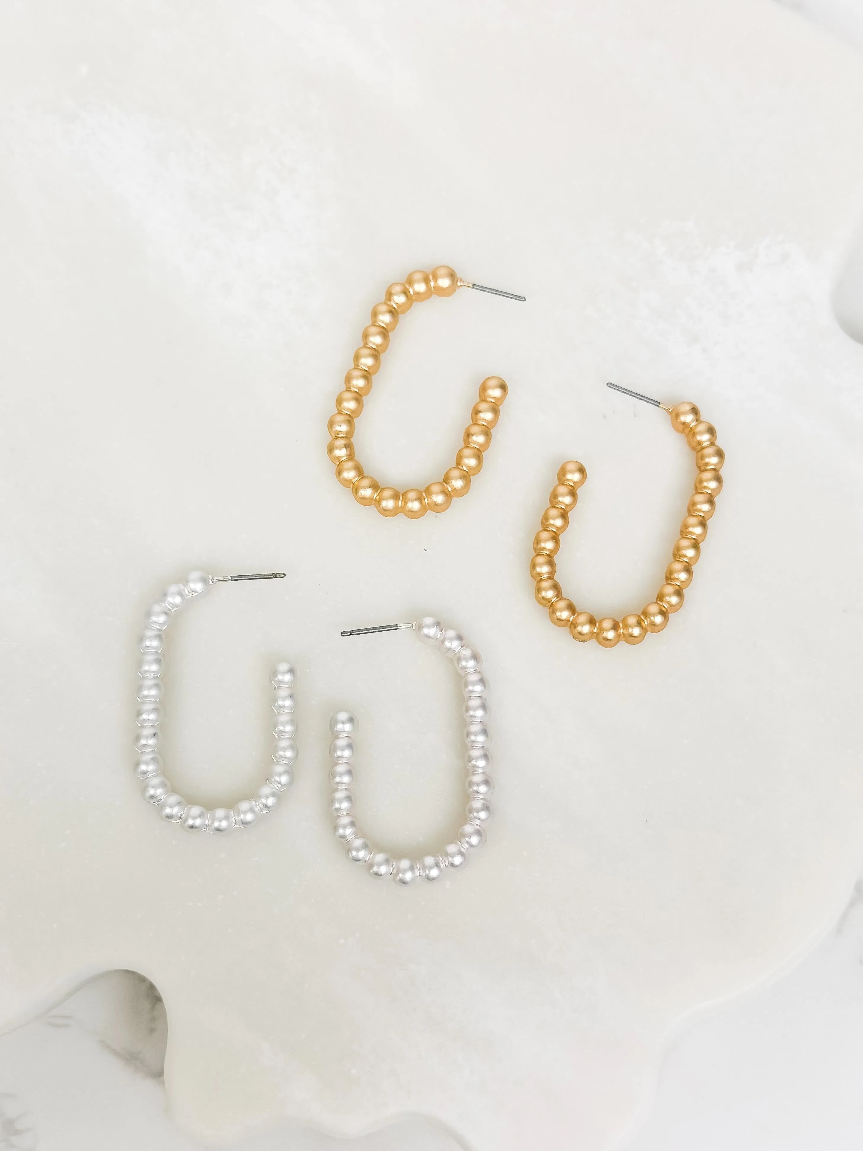 Matte Ball Oval Hoop Earrings - Gold