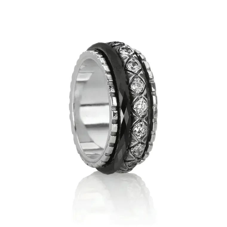 Meditation Rings Radiance Sterling Silver and Black Ceramic Spinning CZ Ring