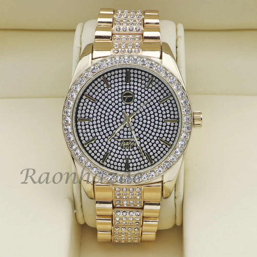 MEN 14K GOLD PT G-EAZY BLING LUXURY WATCH CUBAN BRACELET COMBO SET 16G