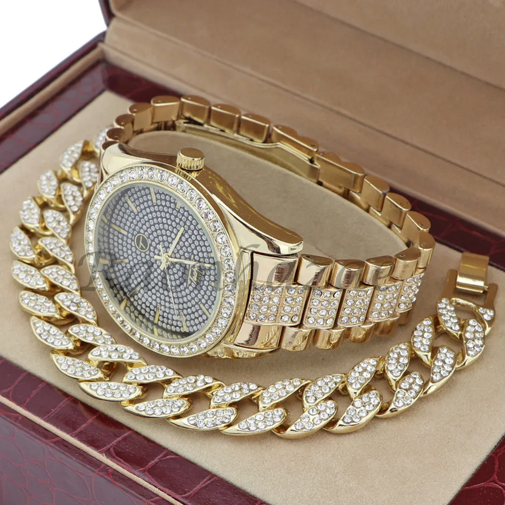 MEN 14K GOLD PT G-EAZY BLING LUXURY WATCH CUBAN BRACELET COMBO SET 16G