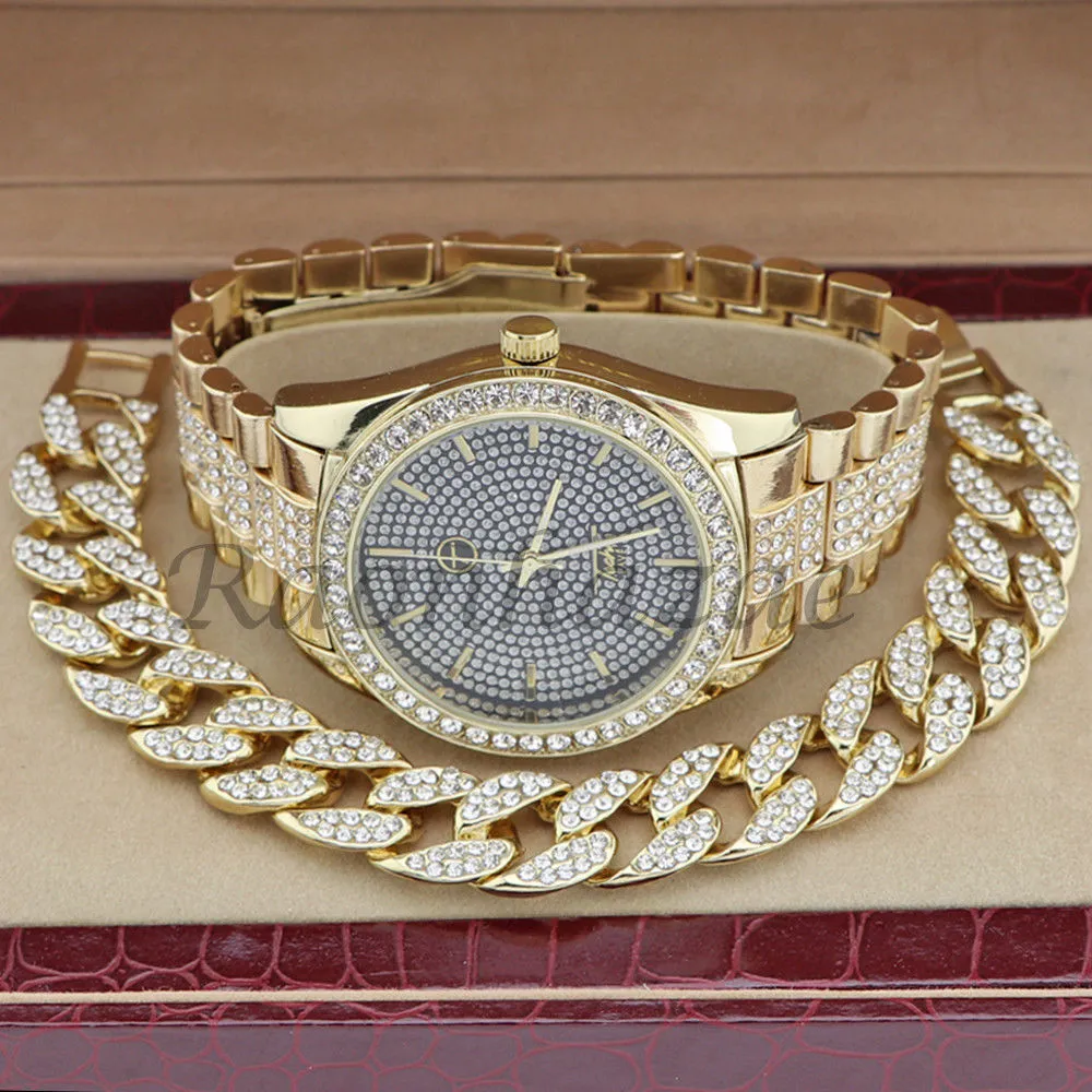 MEN 14K GOLD PT G-EAZY BLING LUXURY WATCH CUBAN BRACELET COMBO SET 16G