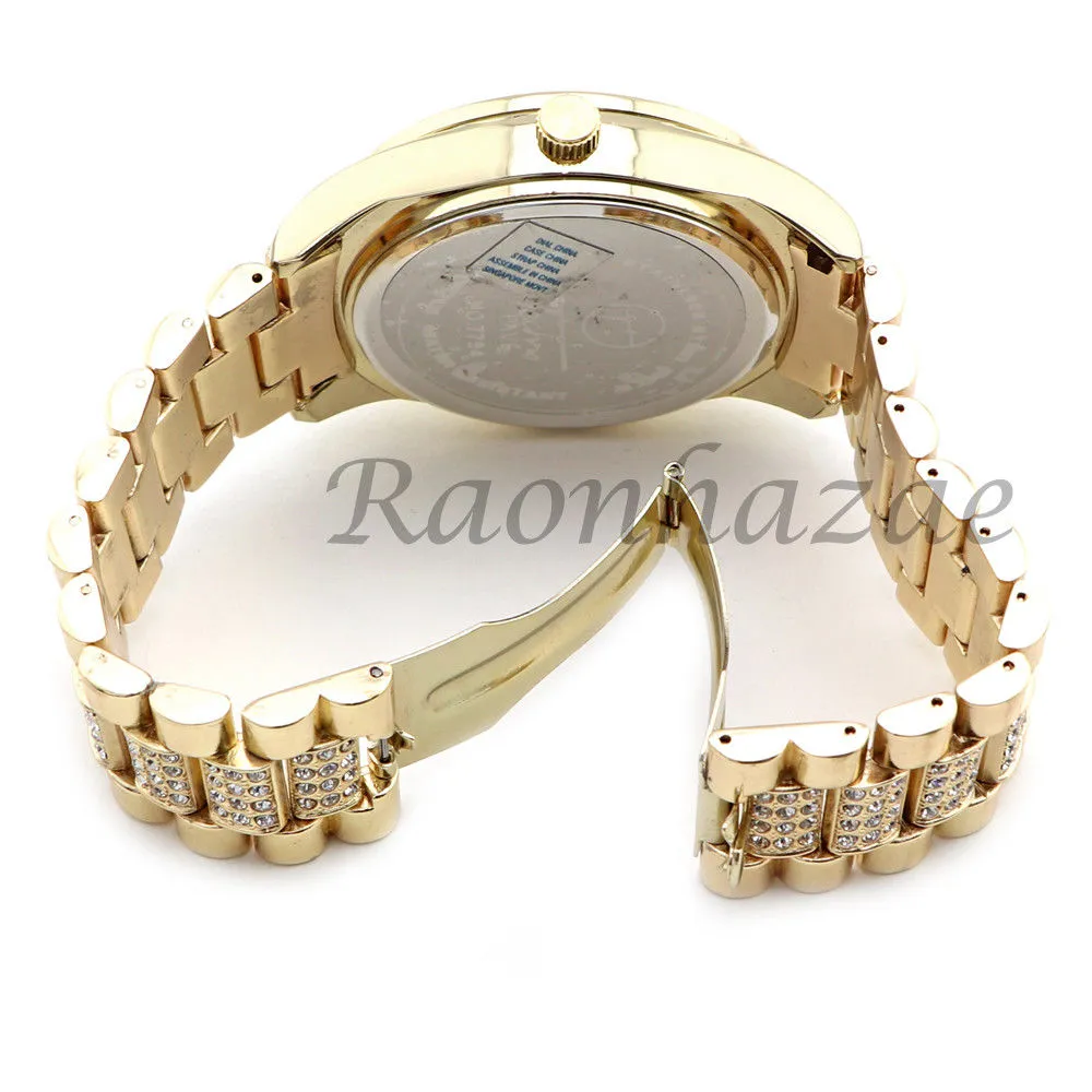 MEN 14K GOLD PT G-EAZY BLING LUXURY WATCH CUBAN BRACELET COMBO SET 16G