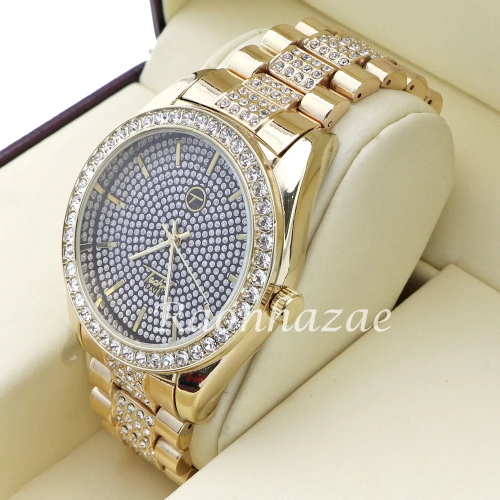 MEN 14K GOLD PT G-EAZY BLING LUXURY WATCH CUBAN BRACELET COMBO SET 16G