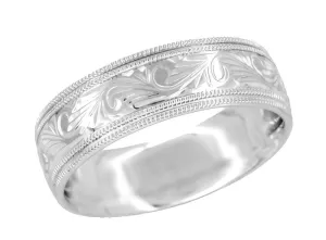 Men's Art Deco Hand Engraved Vintage Scrolls Double Millgrain Edge 7mm Wide Wedding Band in White Gold - 14K or 18K