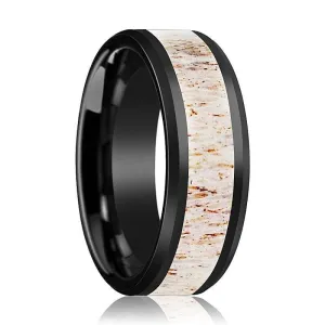 Men's Beveled Black Ceramic Wedding Band W/ White Antler Inlay - 8mm