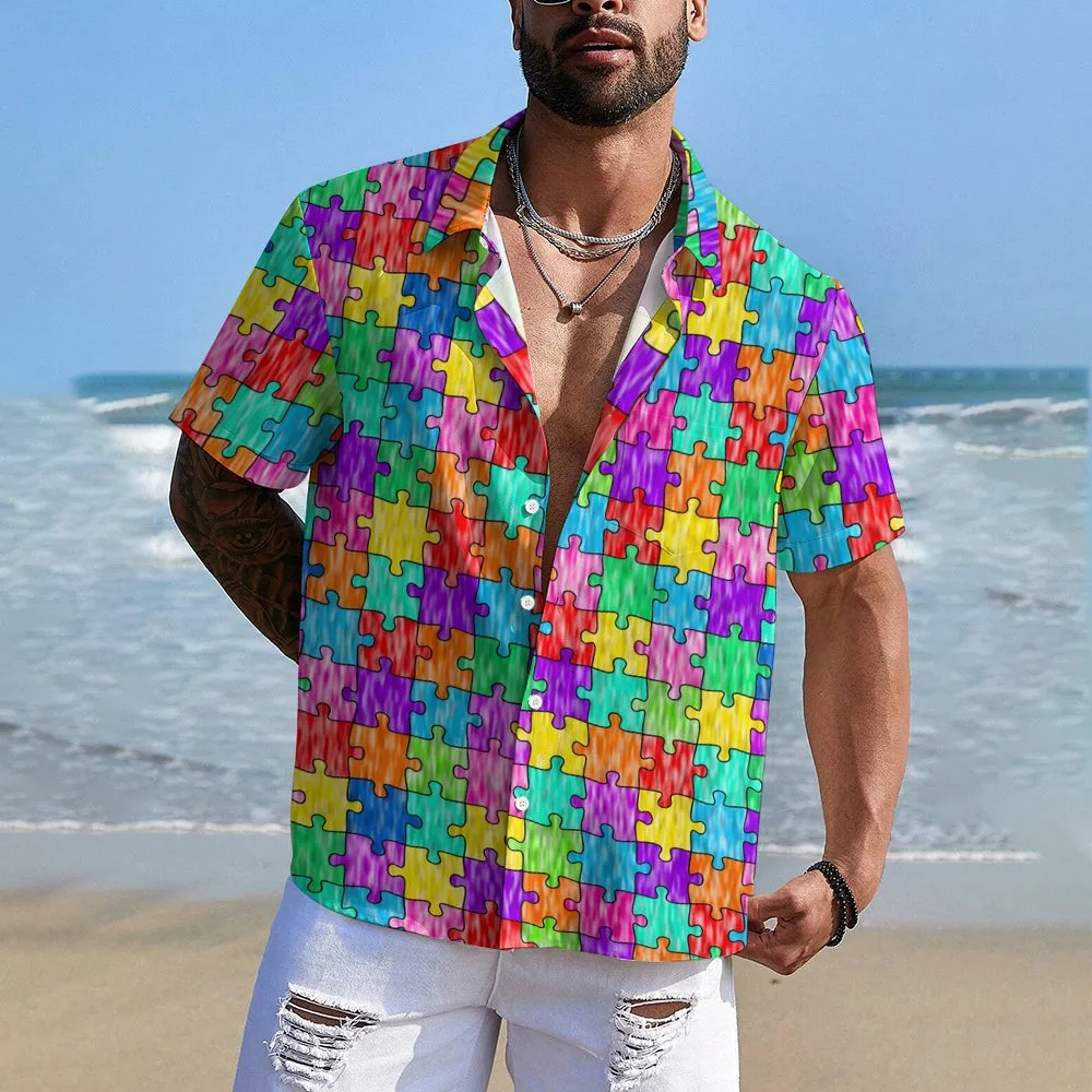 Men's Colorful Puzzle Print Casual Short Sleeve Shirt 2412006001