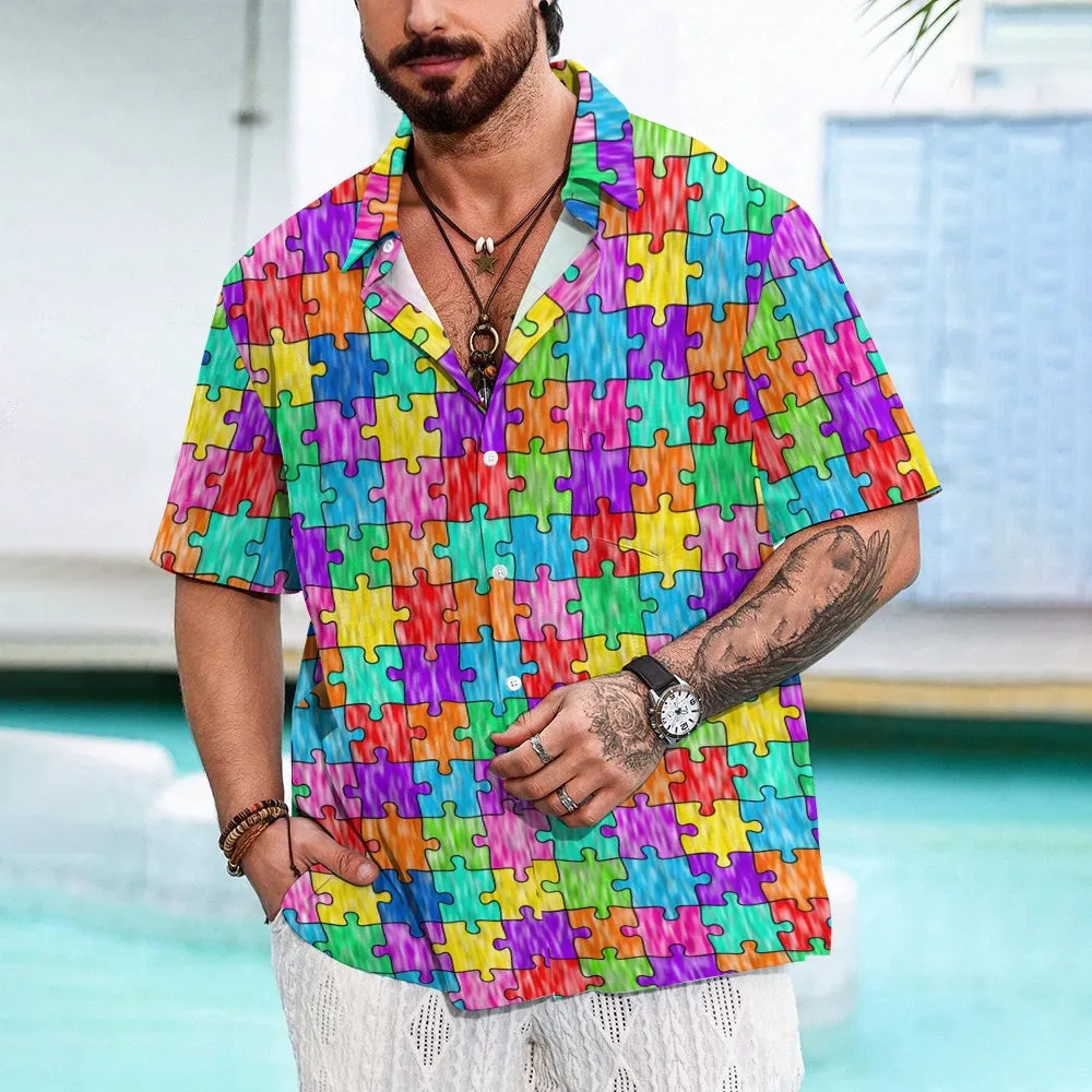 Men's Colorful Puzzle Print Casual Short Sleeve Shirt 2412006001