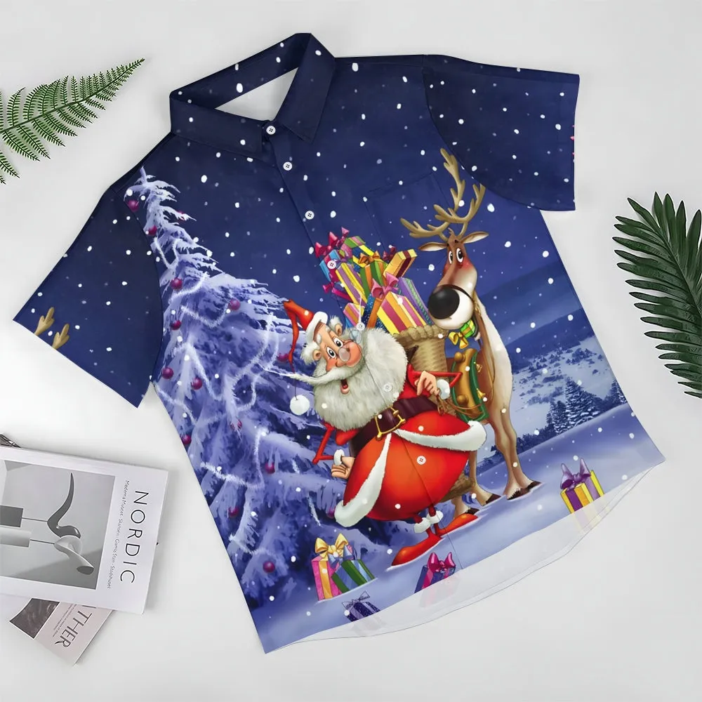 Men's Santa Claus and Elk Casual Short Sleeve Shirt 2411004006