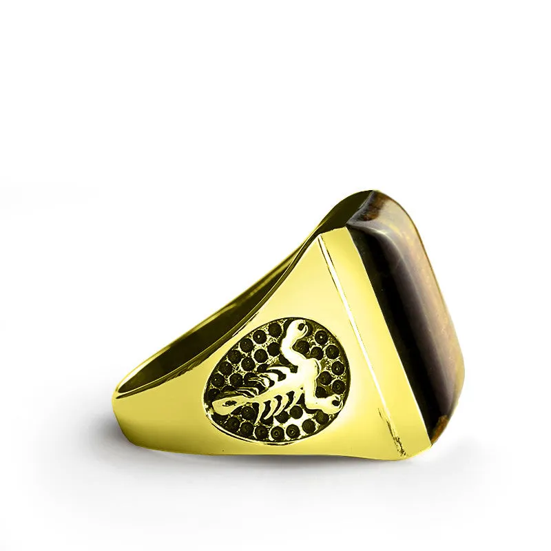 Men's Skull Ring in 10k Yellow Gold with Brown Tiger's Eye Natural Stone Biker Ring