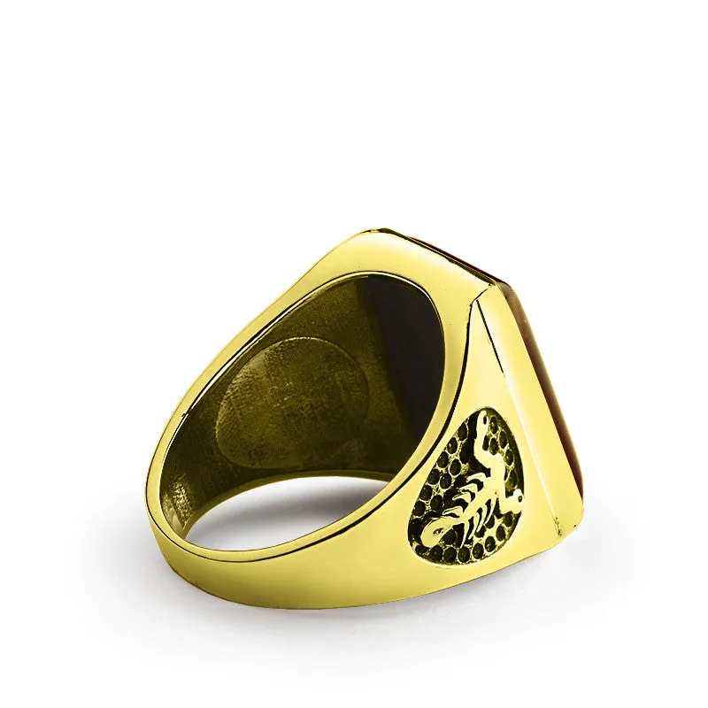 Men's Skull Ring in 10k Yellow Gold with Brown Tiger's Eye Natural Stone Biker Ring