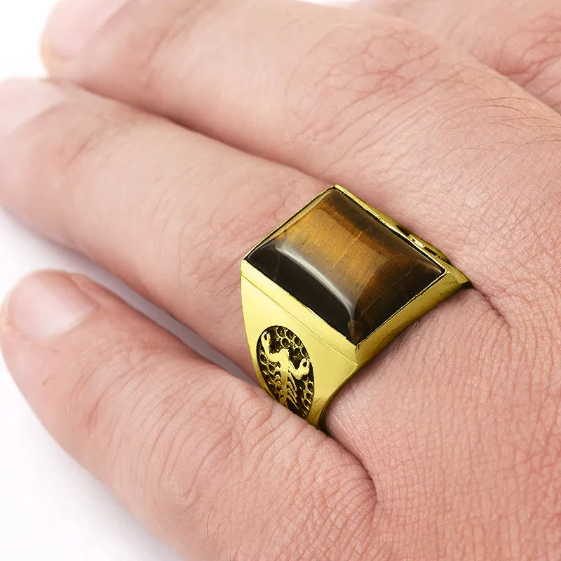 Men's Skull Ring in 10k Yellow Gold with Brown Tiger's Eye Natural Stone Biker Ring