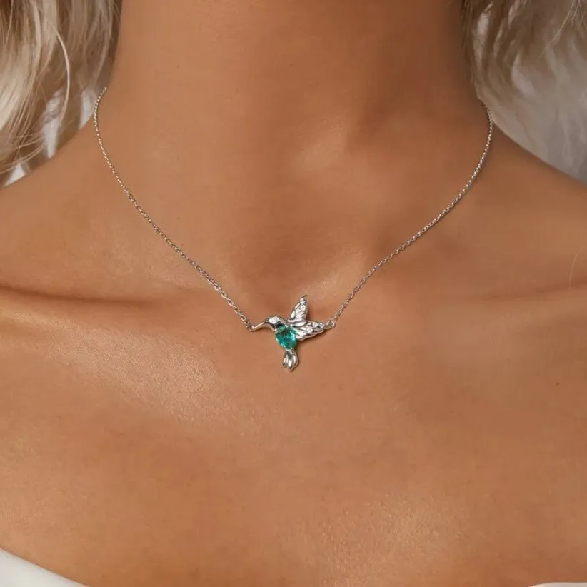 Mint Green Diamond Hummingbird Pendant Necklace